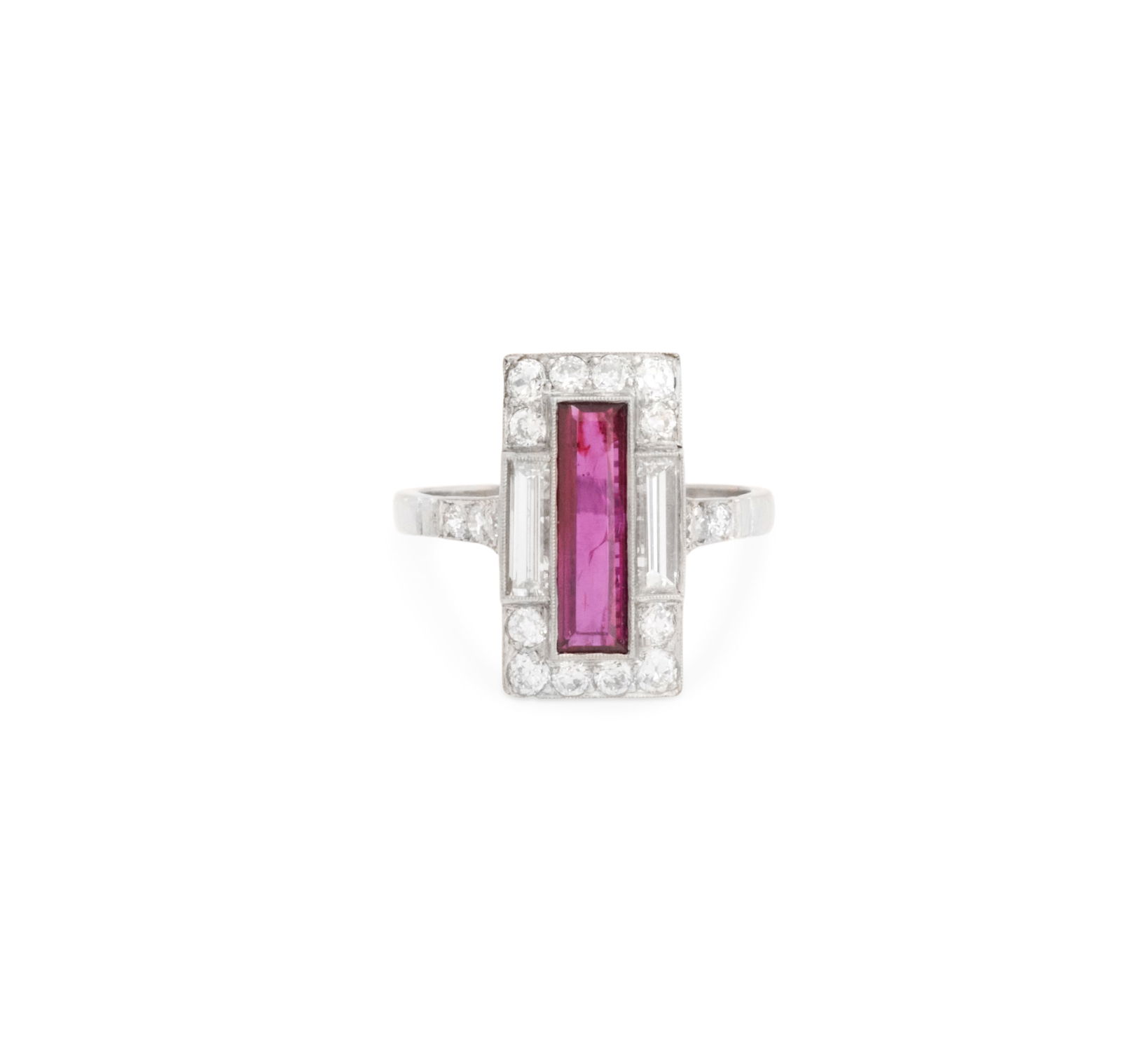 Ruby and Diamond Ring: Ruby and Diamond Ringplatinum, the ring mounted with a long baguette-cut ruby weighing approximately 0.90 carats, accented by baguette-cut and European-cut diamonds weighing approximately 1.22 carats