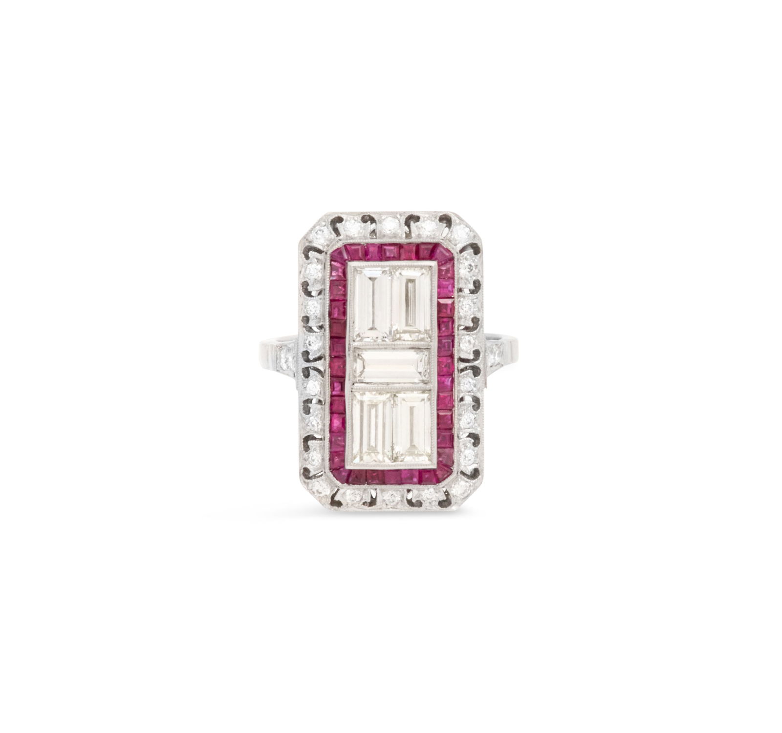 Diamond and Ruby Ring: Diamond and Ruby Ringplatinum, the ring mounted with emerald-cut and round brilliant-cut diamonds weighing approximately 1.86 carats in total, accented by square-cut rubies weighing approximately 0.60