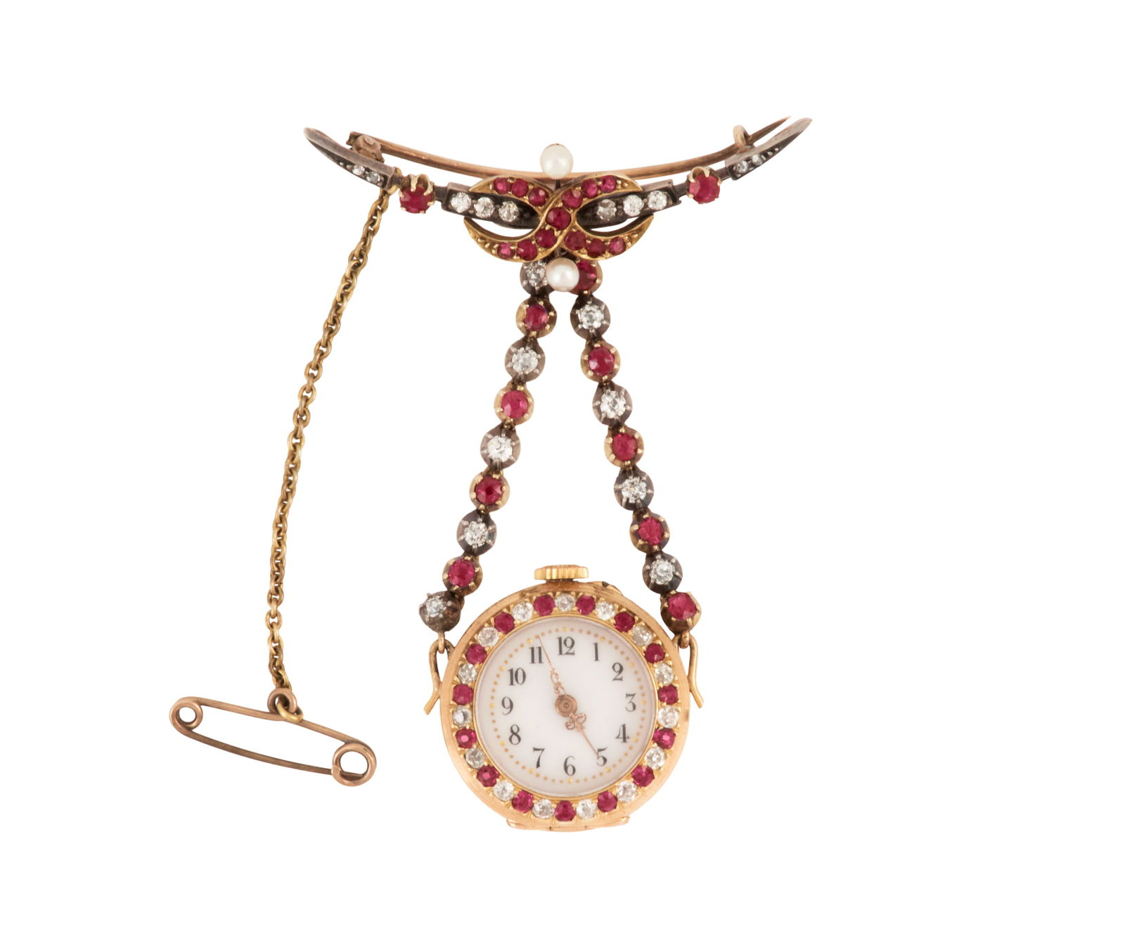 Anglo-Swiss Ruby and Diamond Lapel Watch: Anglo-Swiss Ruby and Diamond Lapel Watch late 19th century, 18k yellow gold, the watch face suspended and removing from the upper brooch, the whole mounted with mine-cut diamonds weighing