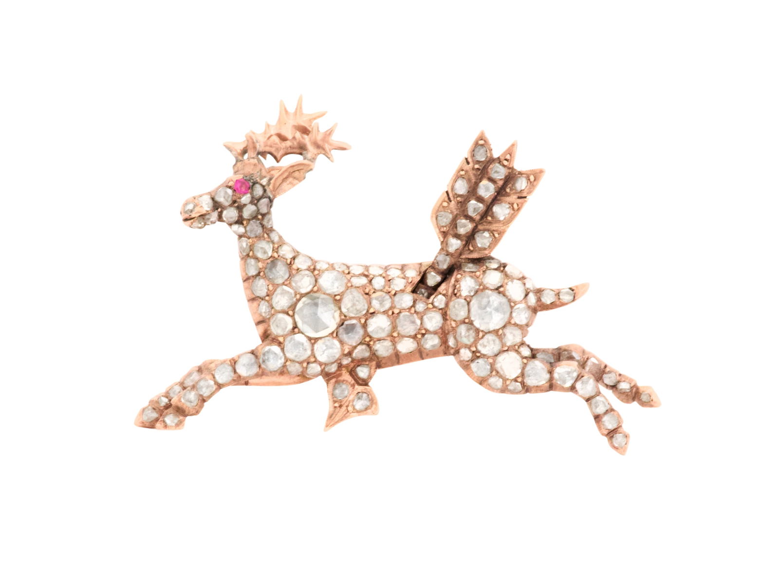 Diamond and Ruby Deer Brooch/Pendant: Diamond and Ruby Deer Brooch/Pendant 12k rose gold, the brooch/pendant mounted with rose-cut diamonds weighing approximately 4.36 carats in total, accented by a round-cut ruby weighing approximately