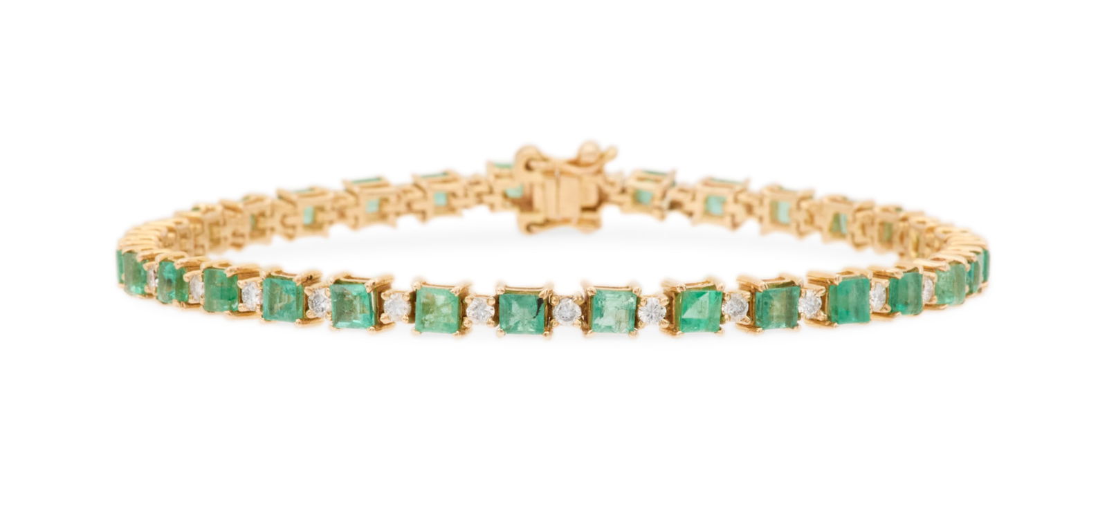 Emerald and Diamond Bracelet: Emerald and Diamond Bracelet 14k yellow gold, the bracelet mounted with square-cut emeralds weighing approximately 4.75 carats in total, accented by round brilliant-cut diamonds weighing