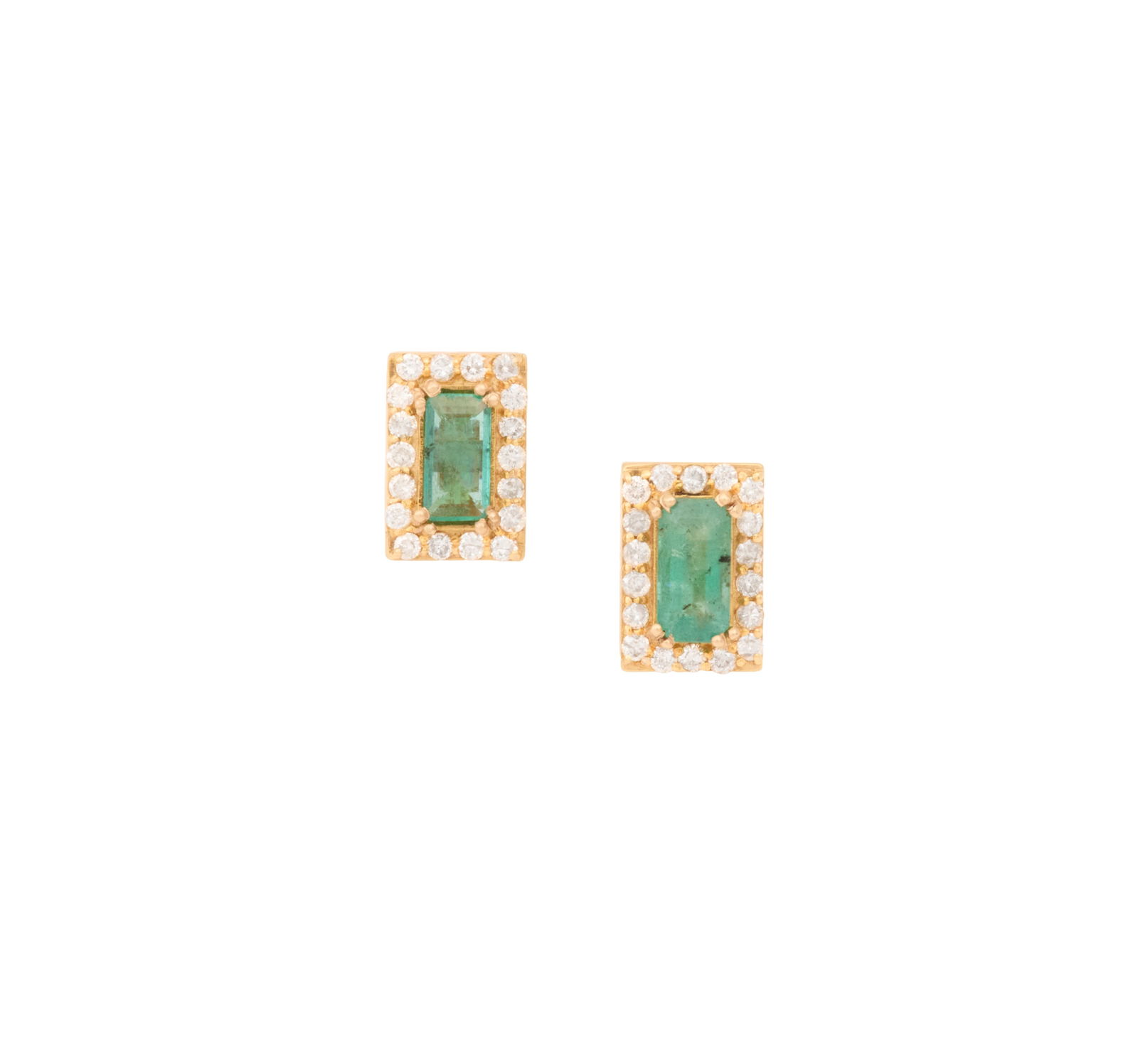 Pair of Emerald and Diamond Earrings: Pair of Emerald and Diamond Earrings 14k yellow gold, the earrings mounted with emerald-cut emeralds weighing approximately 1.10 carats in total, accented by round brilliant-cut diamonds weighing