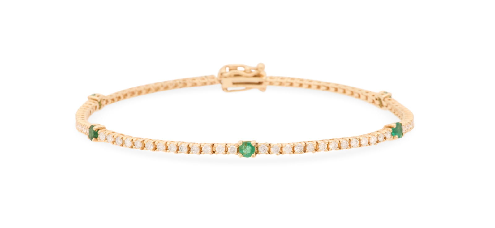 Diamond and Emerald Bracelet: Diamond and Emerald Bracelet 14k yellow gold, the bracelet mounted with round brilliant-cut diamonds weighing approximately 1.50 carats in total, accented by round-cut emeralds weighing approximately