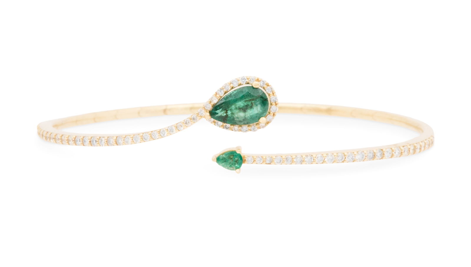 Emerald and Diamond Bracelet: Emerald and Diamond Bracelet14k yellow gold, the flexible bracelet mounted with pear-cut emeralds weighing approximately 1.20 carats in total, accented by round brilliant-cut diamonds weighing approxi