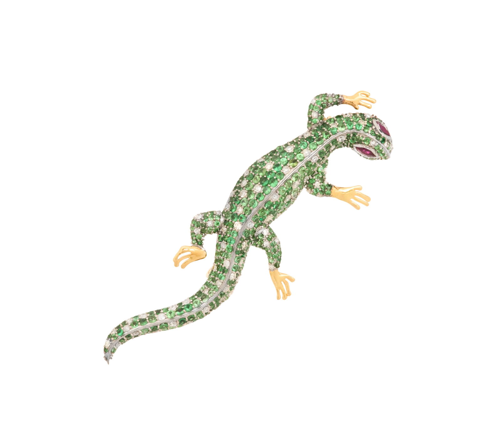 Tsavorite Garnet, Diamond and Ruby Lizard Brooch: Tsavorite Garnet, Diamond and Ruby Lizard Brooch 14k yellow gold/sterling silver, the brooch mounted with round-cut Tsavorite garnets weighing approximately 3.74 carats in total, accented by round
