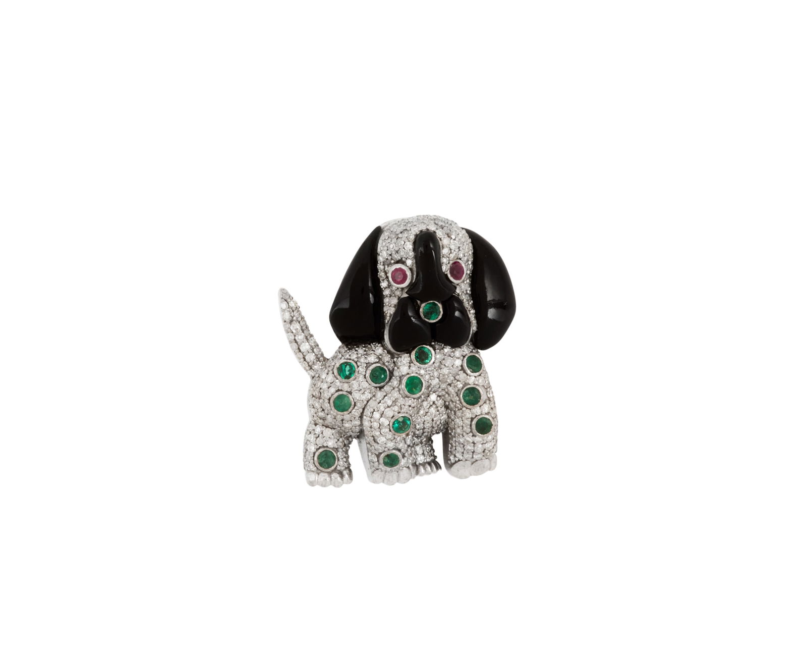 Diamond, Ruby and Emerald Dog Brooch: Diamond, Ruby and Emerald Dog Brooch 14k yellow gold/sterling silver, the brooch mounted with round brilliant-cut diamonds weighing approximately 1.49 carats in total, round-cut rubies and emeralds