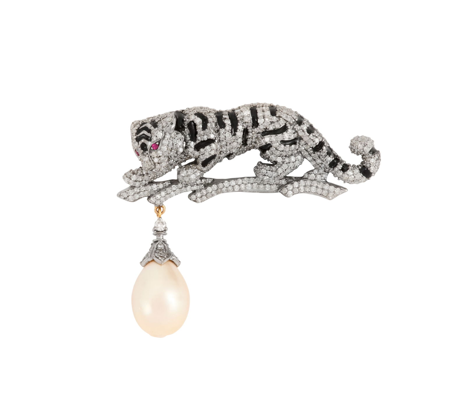 Diamond and Pearl Panther Brooch: Diamond and Pearl Panther Brooch 14k yellow gold/sterling silver, the brooch with a baroque pearl measuring approximately 11.50mm x 17.50mm, suspended from a panther mounted with round brilliant-cut