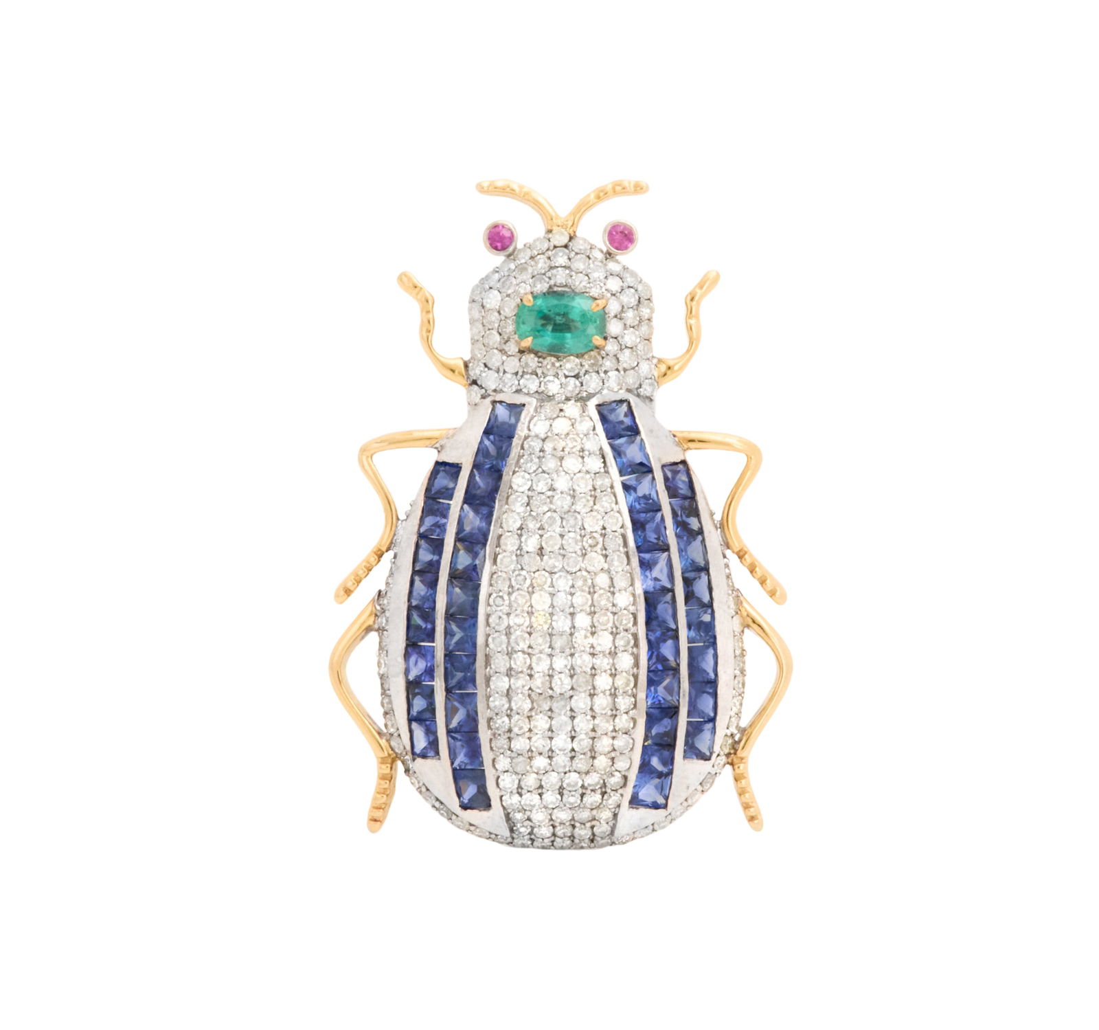 Gem-Set Beetle Brooch/Pendant: Gem-Set Beetle Brooch/Pendant 14k yellow gold/sterling silver, the brooch/pendant mounted with round brilliant-cut diamonds weighing approximately 2.05 carats in total, accented by square-cut