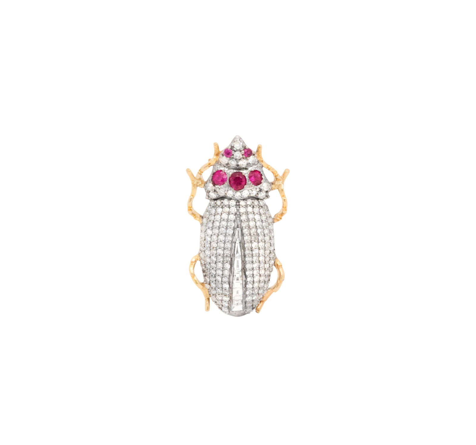 Diamond and Ruby Beetle Brooch: Diamond and Ruby Beetle Brooch 14k yellow gold/sterling silver, the brooch mounted with round brilliant-cut and baguette-cut diamonds weighing approximately 1.50 carats in total, accented by