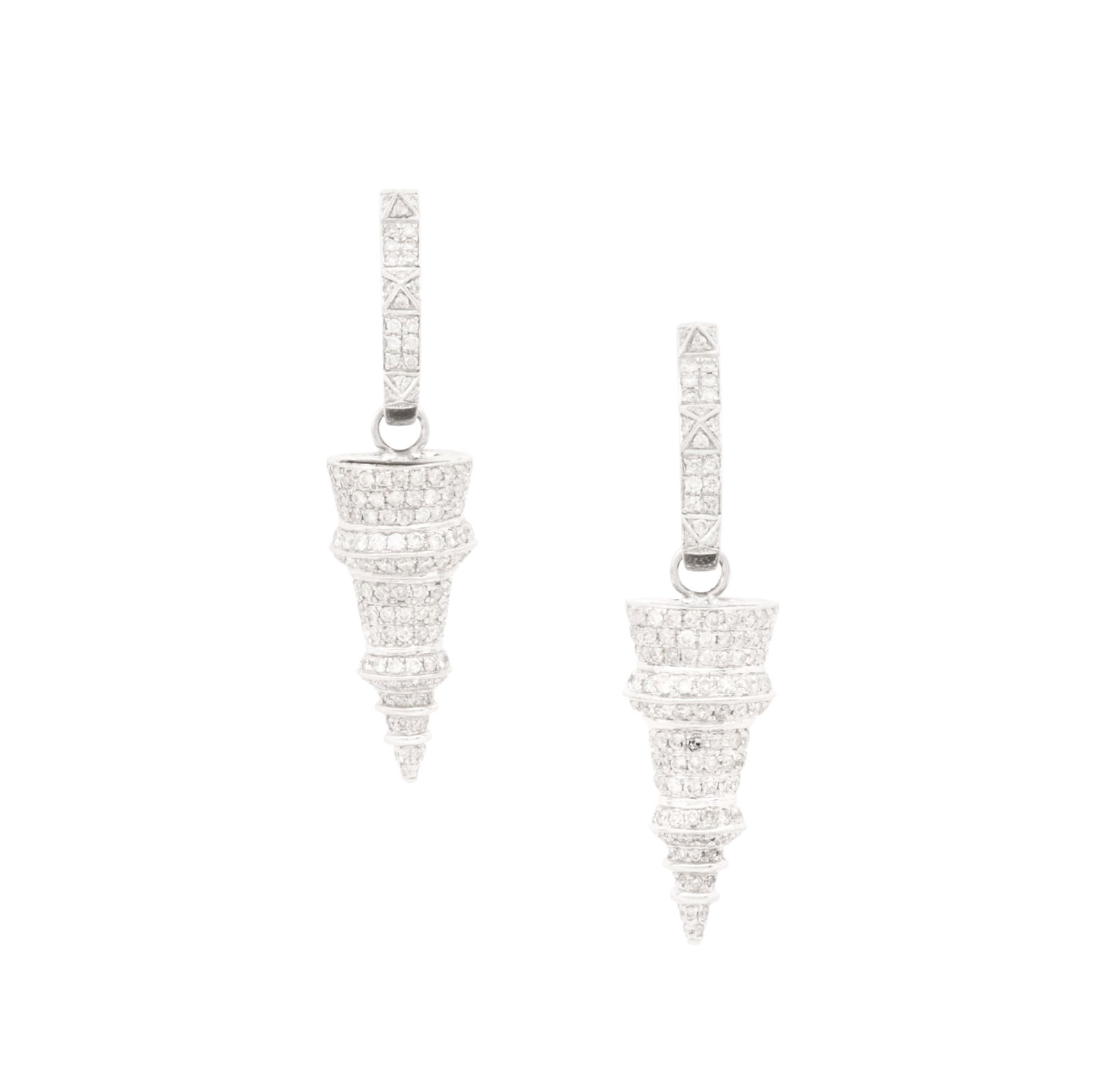 Pair of Convertible Diamond Earrings: Pair of Convertible Diamond Earrings 18k white gold, the earrings designed with removable "spike" dangles mounted with round brilliant-cut diamonds in the round, suspended from a pair of diamond hoop