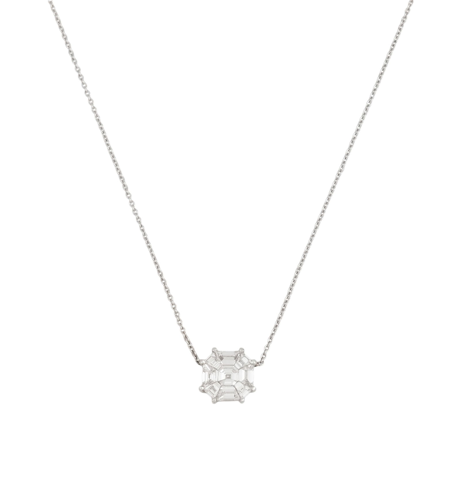 Diamond Pendant Necklace: Diamond Pendant Necklace 14k white gold, the necklace mounted with a fixed pendant set with pie-cut diamonds weighing approximately 0.75 carats in total. adjustable l. 16" to 18", total weight 2.3