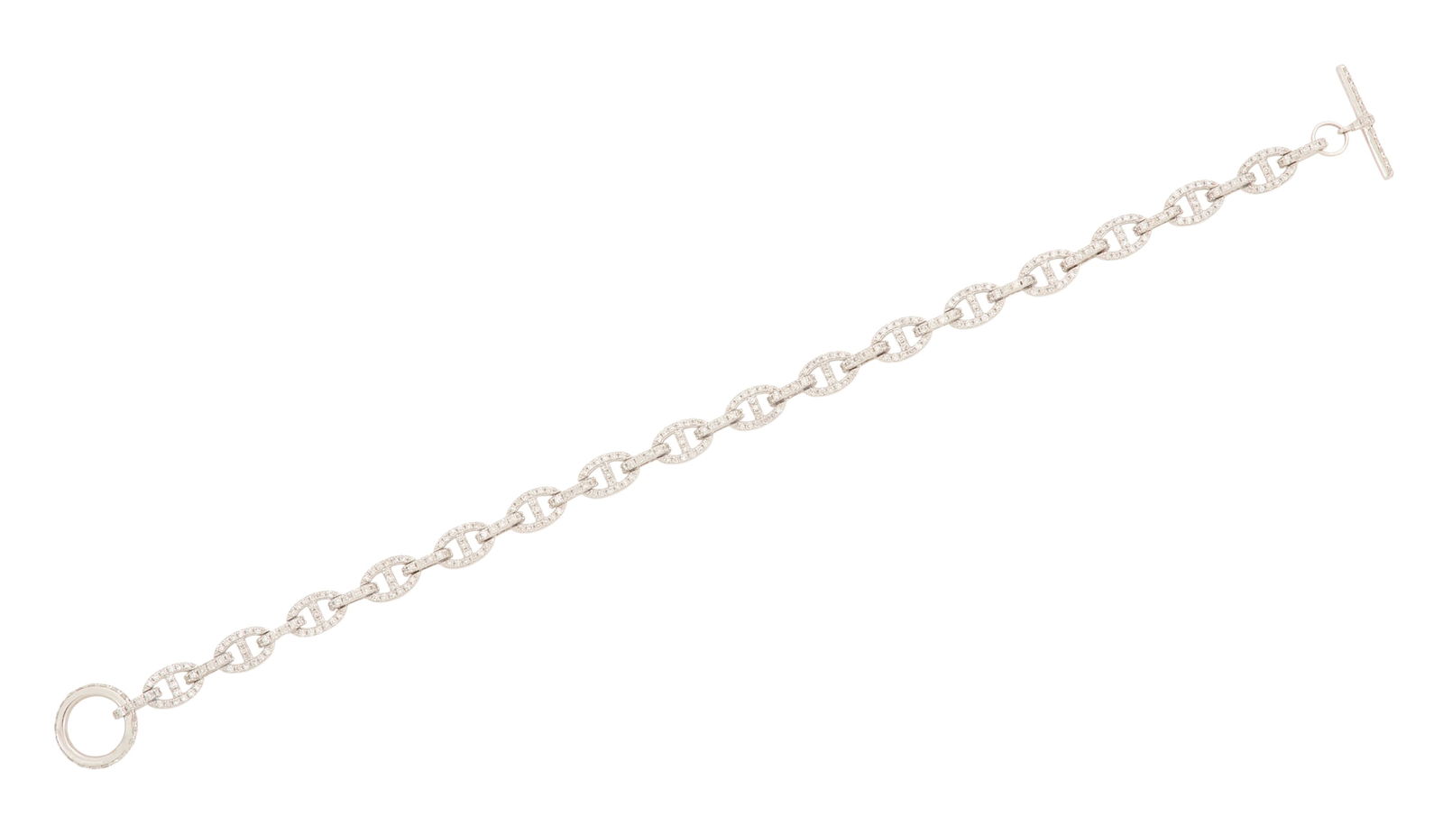 Diamond Chain-Link Bracelet: Diamond Chain-Link Bracelet 18k white gold, the bracelet composed of polished gold anchor links, mounted with round brilliant-cut diamonds weighing approximately 1.70 carats in total. l. 6-1/2",