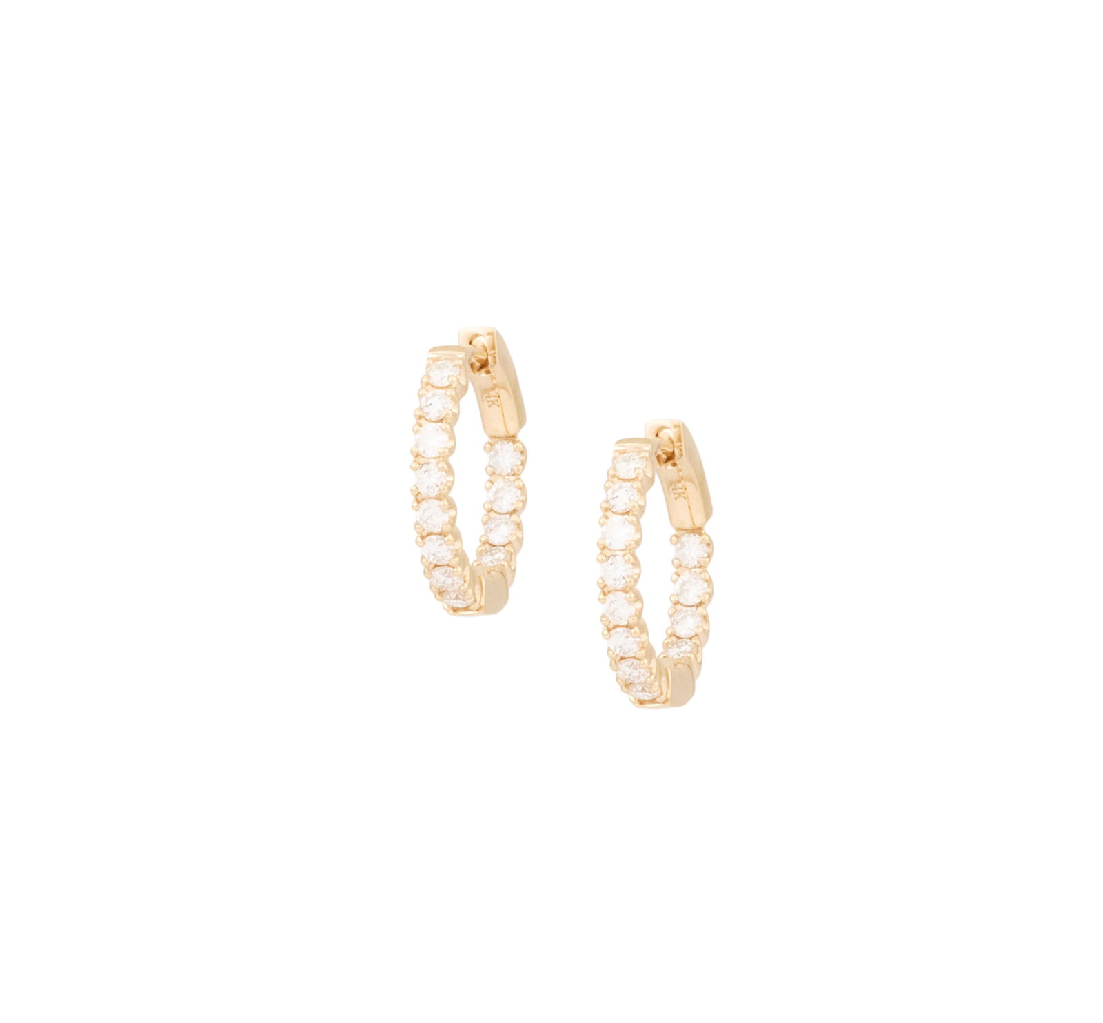Pair of Diamond Huggies: Pair of Diamond Huggies 14k yellow gold, the inside/outside earrings mounted with round brilliant-cut diamonds weighing approximately 1.00 carat in total. l. 5/8", total weight 4.2 grams