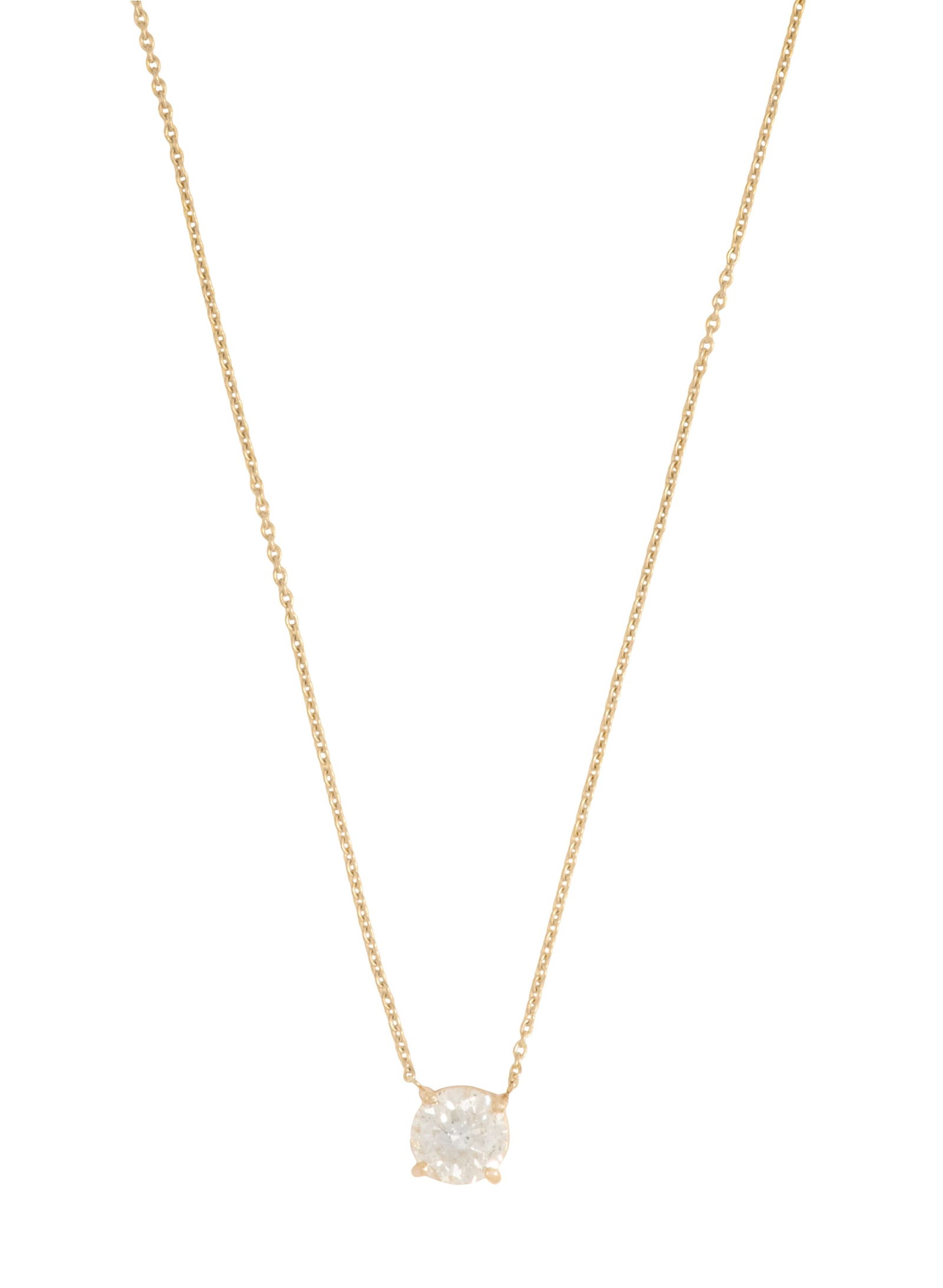 Diamond Pendant Necklace: Diamond Pendant Necklace14k yellow gold, the fixed pendant mounted with a round brilliant-cut diamond weighing approximately 1.00 carat.adjustable l. 16" to 18", total weight 1.9 grams