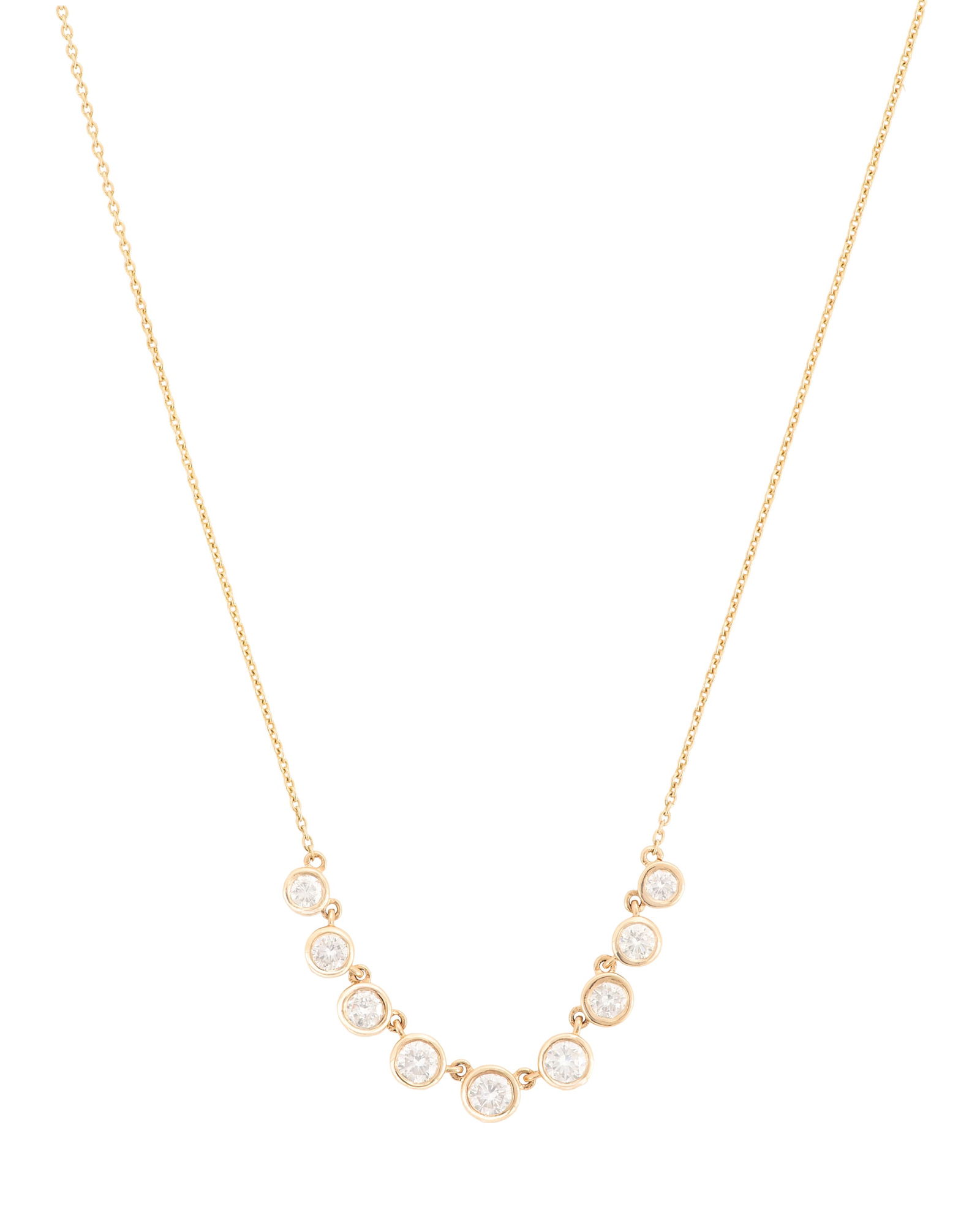 Diamond Necklace: Diamond Necklace 14k yellow gold, the necklace mounted with round brilliant-cut diamonds weighing approximately 1.25 carats in total. adjustable l. 16" to 18", total weight 3.4 grams
