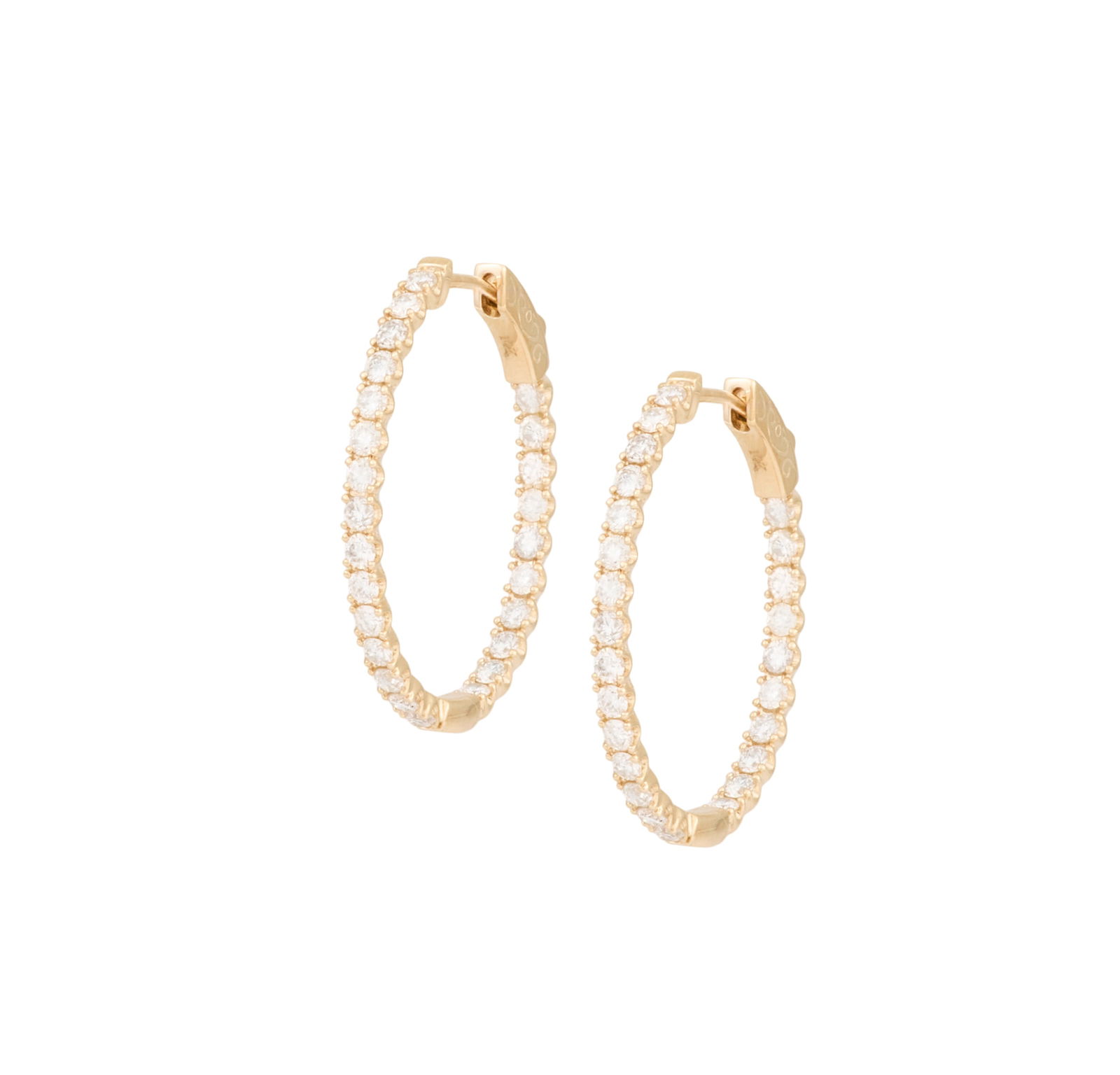 Pair of Diamond Hoop Earrings: Pair of Diamond Hoop Earrings 14k yellow gold, the inside/outside oval hoop earrings mounted with round brilliant-cut diamonds weighing approximately 2.00 carats in total. l. 1-1/8", total weight 5.4