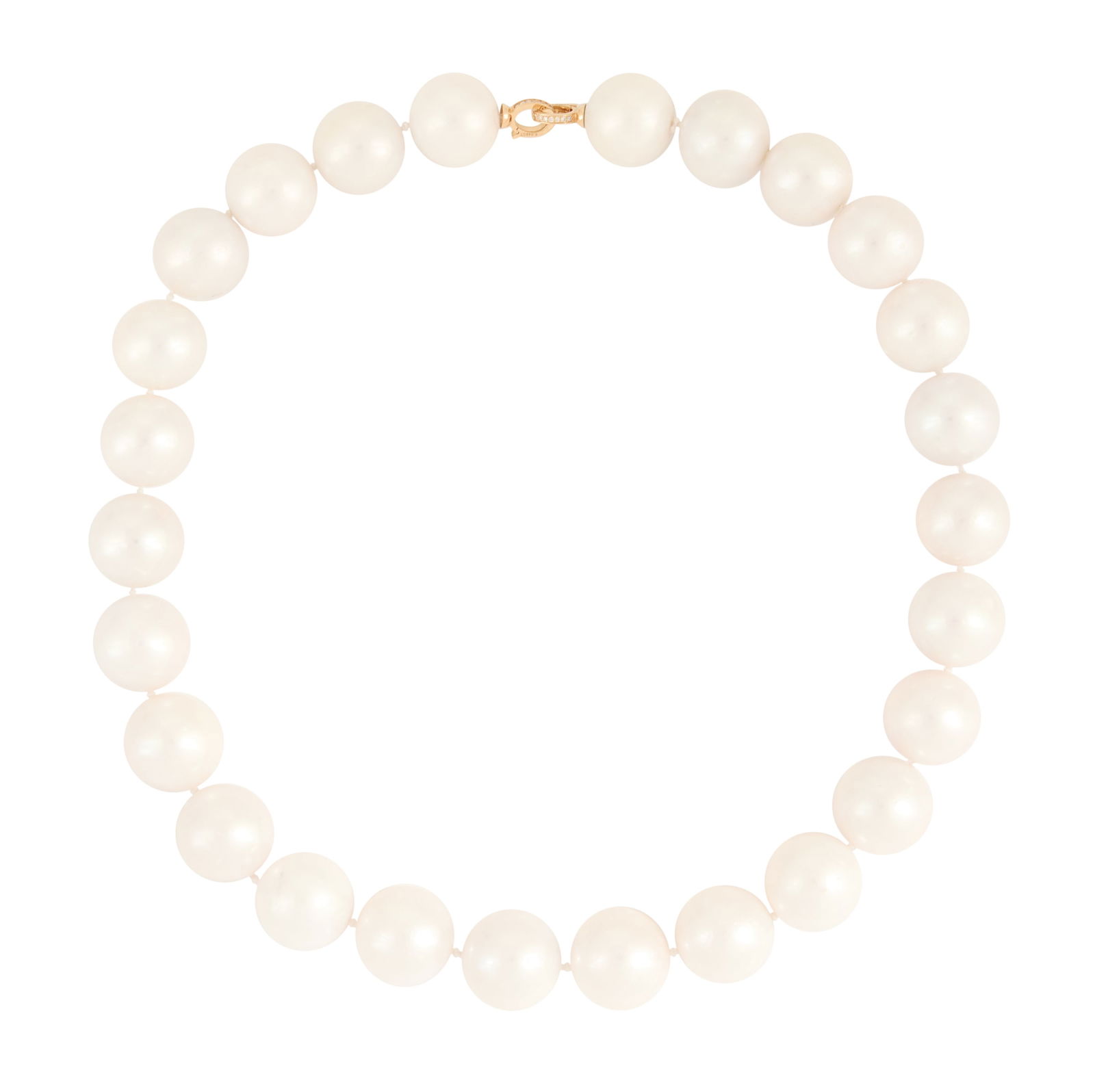 Diamond and Cultured Pearl Necklace: Diamond and Cultured Pearl Necklace18k yellow gold, the necklace composed of slightly graduated white pearls with a good luster, ranging in size from 15.00mm to 16.30mm, finished with a gold clasp mou