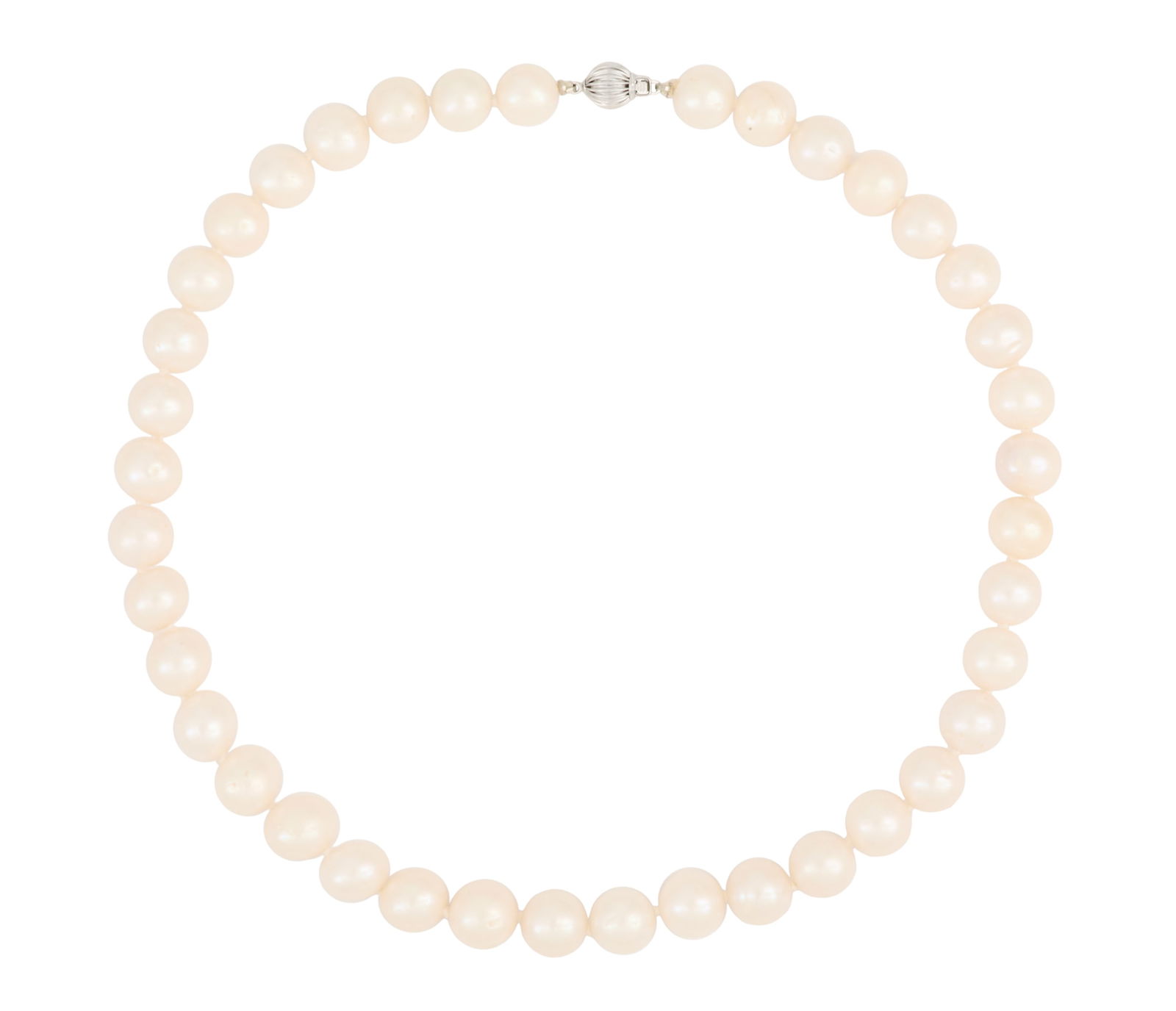 Cultured Pearl Necklace: Cultured Pearl Necklace14k white gold, the necklace composed of white cultured pearls with a good luster, measuring approximately 10.40mm to 11.30mm, finished with a white gold ball clasp.l. 18", tota