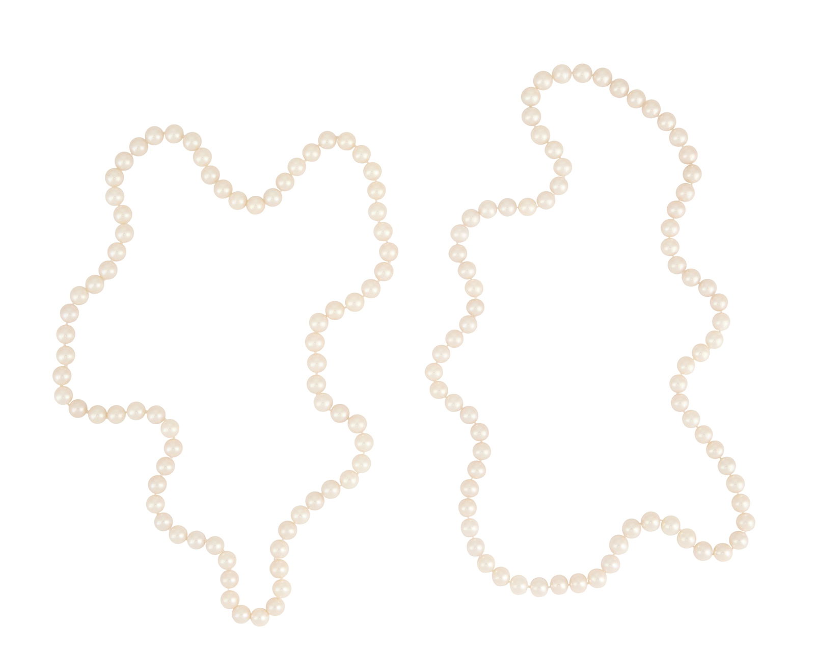 Two Strands of Cultured Pearls: Two Strands of Cultured Pearls the white pearls with a good luster, ranging in size from 10.50mm to 11.00mm. l. 33-1/2" and 35" Provenance: The Collection of Deborah & Eli Tullis, New Orleans,