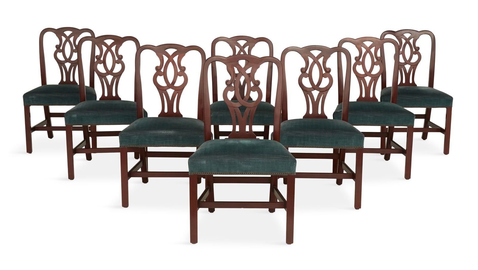 Suite of Eight Baker Mahogany Dining Chairs: Suite of Eight Baker Mahogany Dining Chairs 20th century, #789 "Chippendale", each with a shaped crest rail and central pierced "ribbon" splat, the seats upholstered in blue scored velvet, raised on