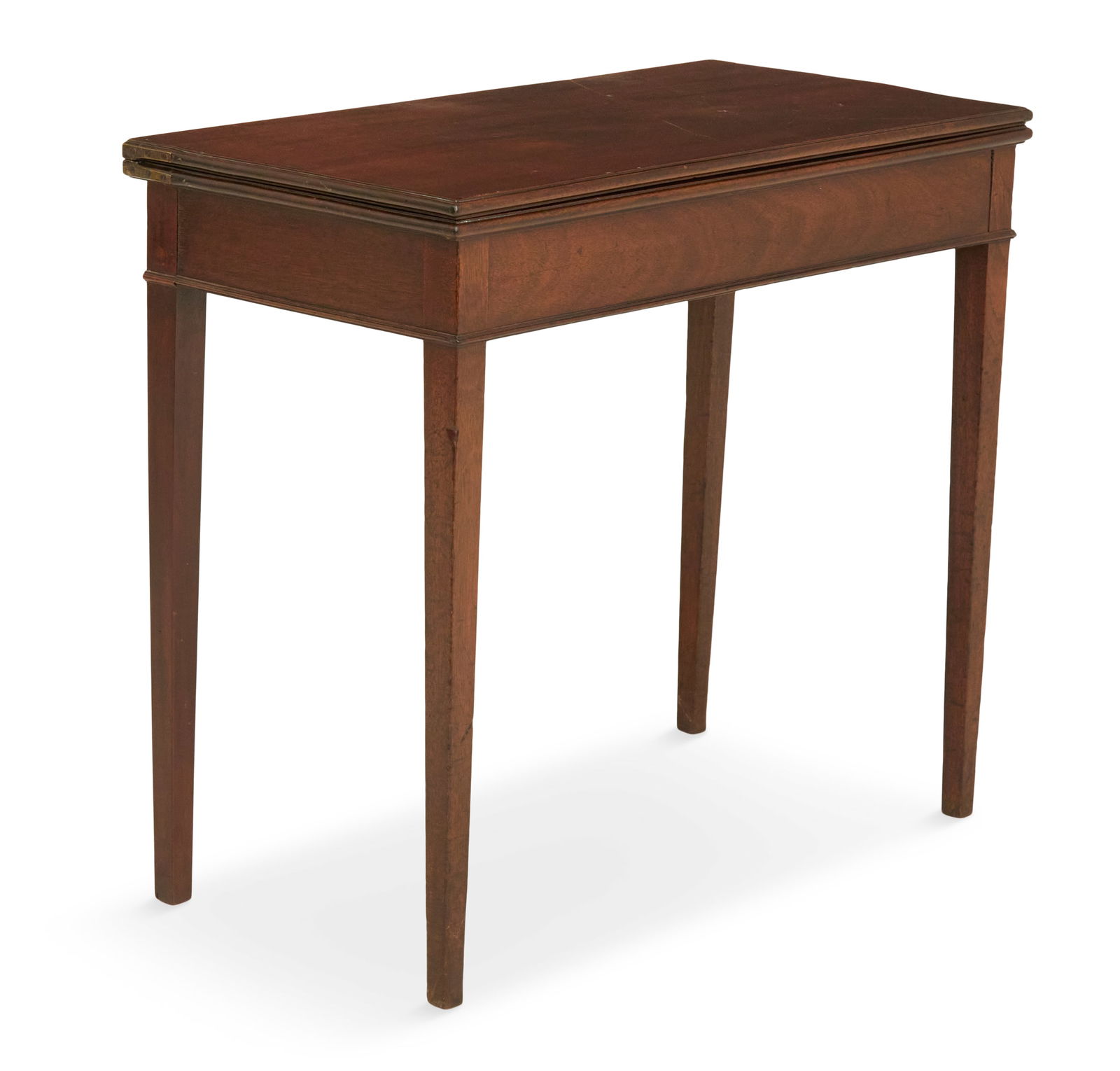 English Mahogany Fold-Over Games Table: English Mahogany Fold-Over Games Tableca. 1800, in the Hepplewhite taste, the rectangular fold-over top opening and supported by a swing leg, over a straight apron frieze with a molded lower edge, rai