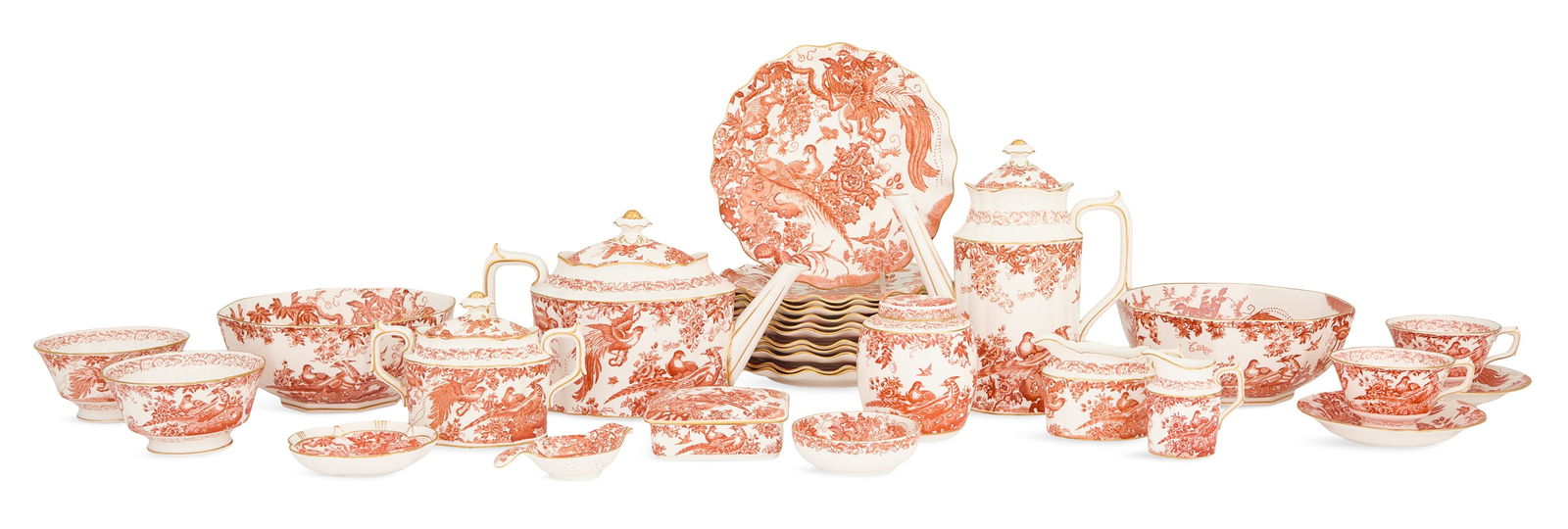 Royal Crown Derby "Red Aves" Dessert Ware: Royal Crown Derby "Red Aves" Dessert Ware pre-1997, the collection including: one coffeepot, h. 9-1/2", w. 7-1/2"; one teapot, h. 7-1/4", w. 10-1/2"; one covered sugar bowl, h. 5", w. 6-3/4"; two