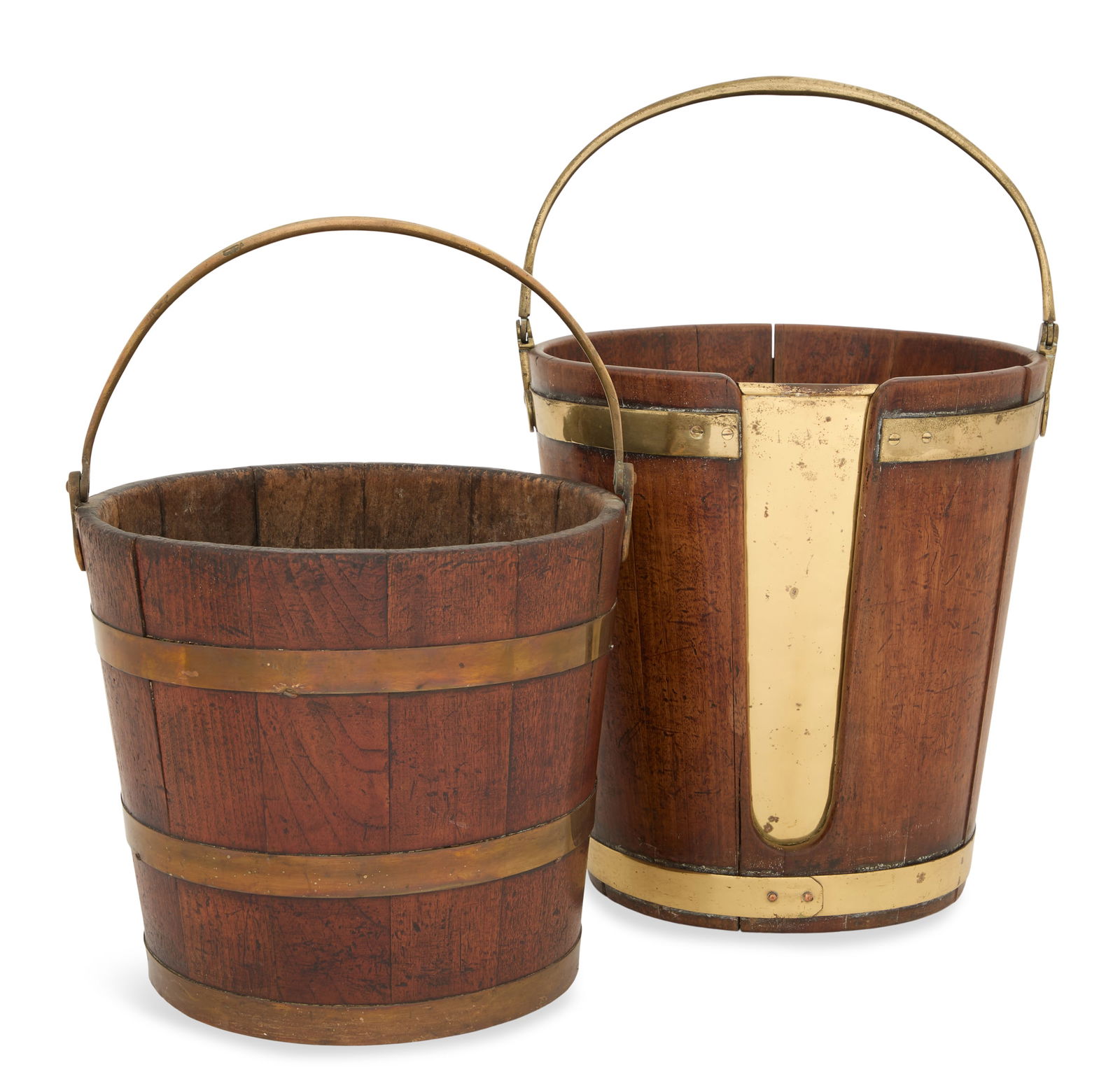 Two English Brass-Bound Mahogany Peat Buckets: Two English Brass-Bound Mahogany Peat Buckets 19th century, the large example converted from a plate bucket with the addition of a brass panel, both with a brass swing handle and hoops. h. 18-1/2" to