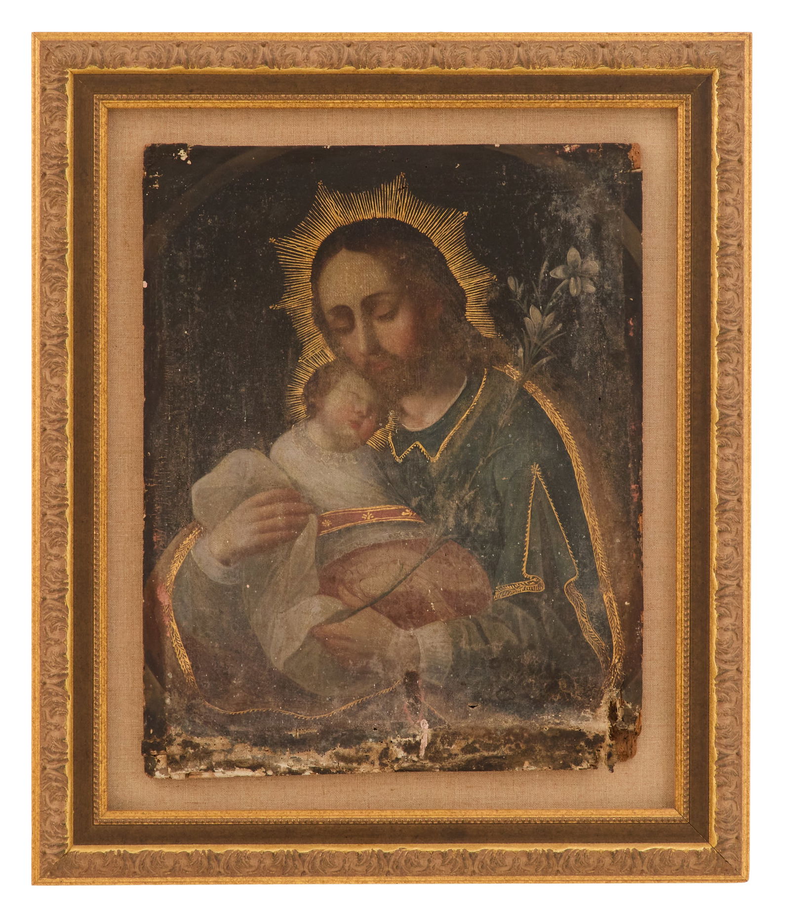Framed Spanish Colonial Religious Fragment: Framed Spanish Colonial Religious Fragmentca. 1800, oil on linen affixed to wood panel, with a central image of Saint Joseph holding the infant Jesus, both with radiant halos, St. Joseph holding a lil