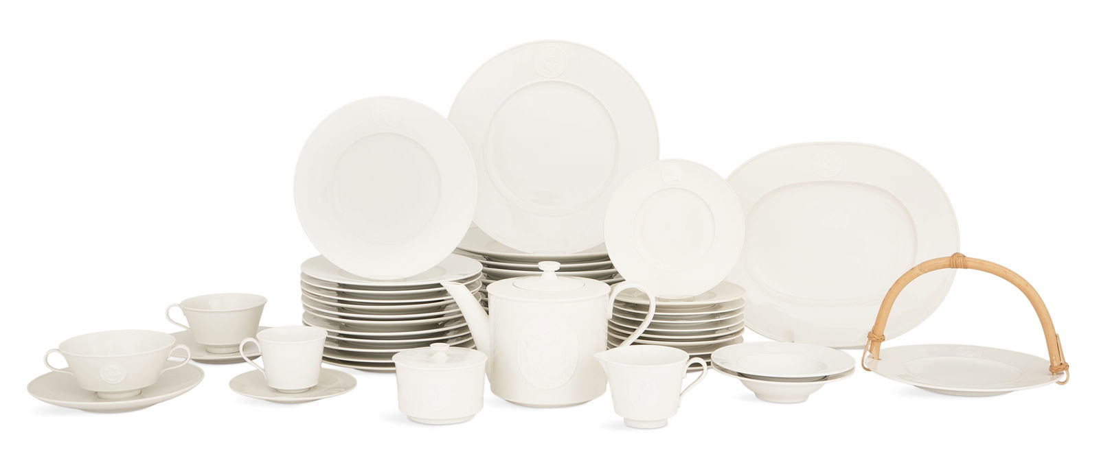 KPM "Arkadia" Partial Dinner Service: KPM "Arkadia" Partial Dinner Serviceca. 1938, German, designed by sculptor Sigmund Shutz (German, 1906-1998), the pieces with delicate biscuit roundels of classical decoration and animals, each piece