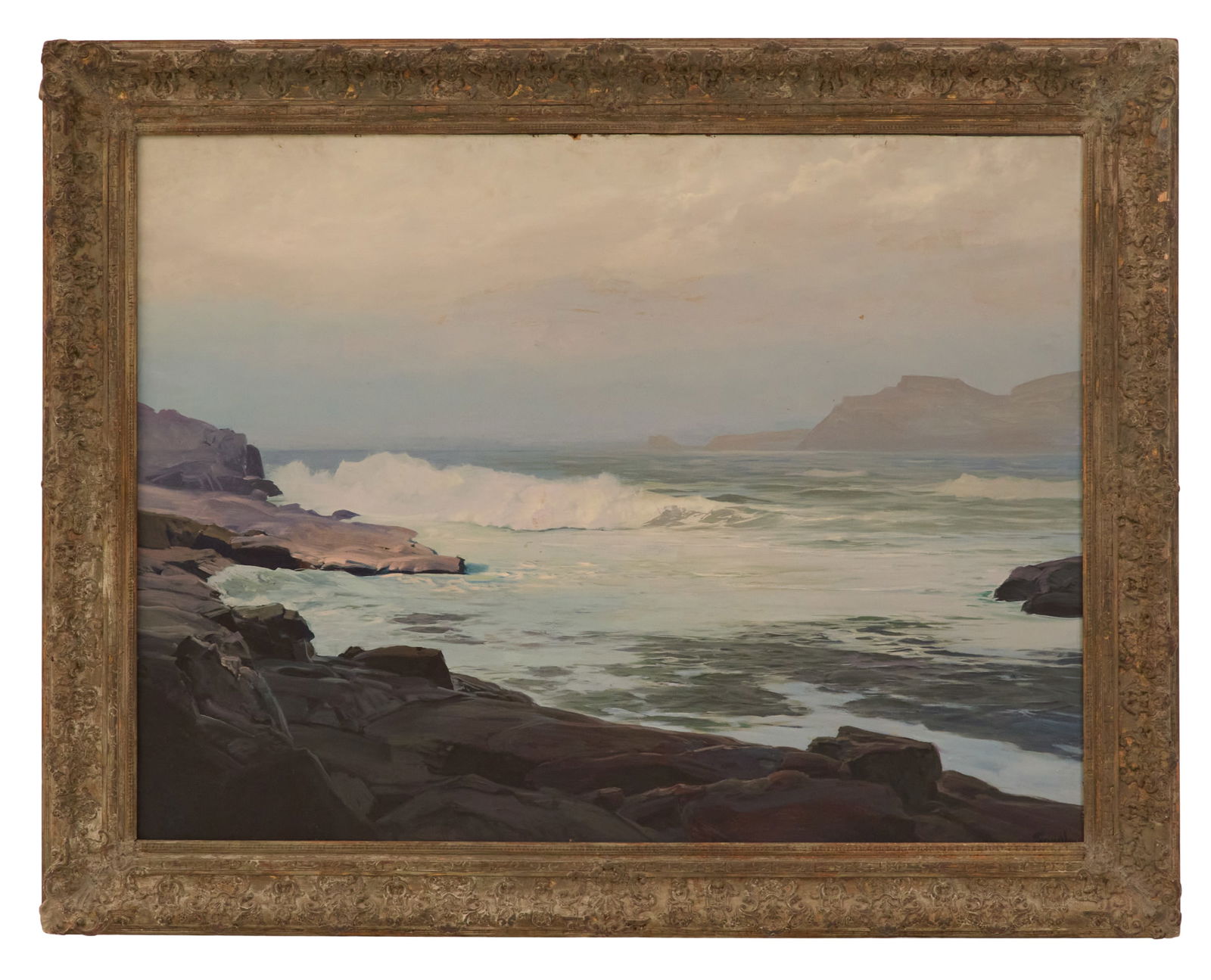 Frederick Judd Waugh (American, 1861-1940): Frederick Judd Waugh(American, 1861-1940)"Brine and Mist"oil on panelsigned lower right and en verso, and titled on a "Grand Central Art Galleries, Inc." label en verso.Framed.36" x 48", framed 45-1/4