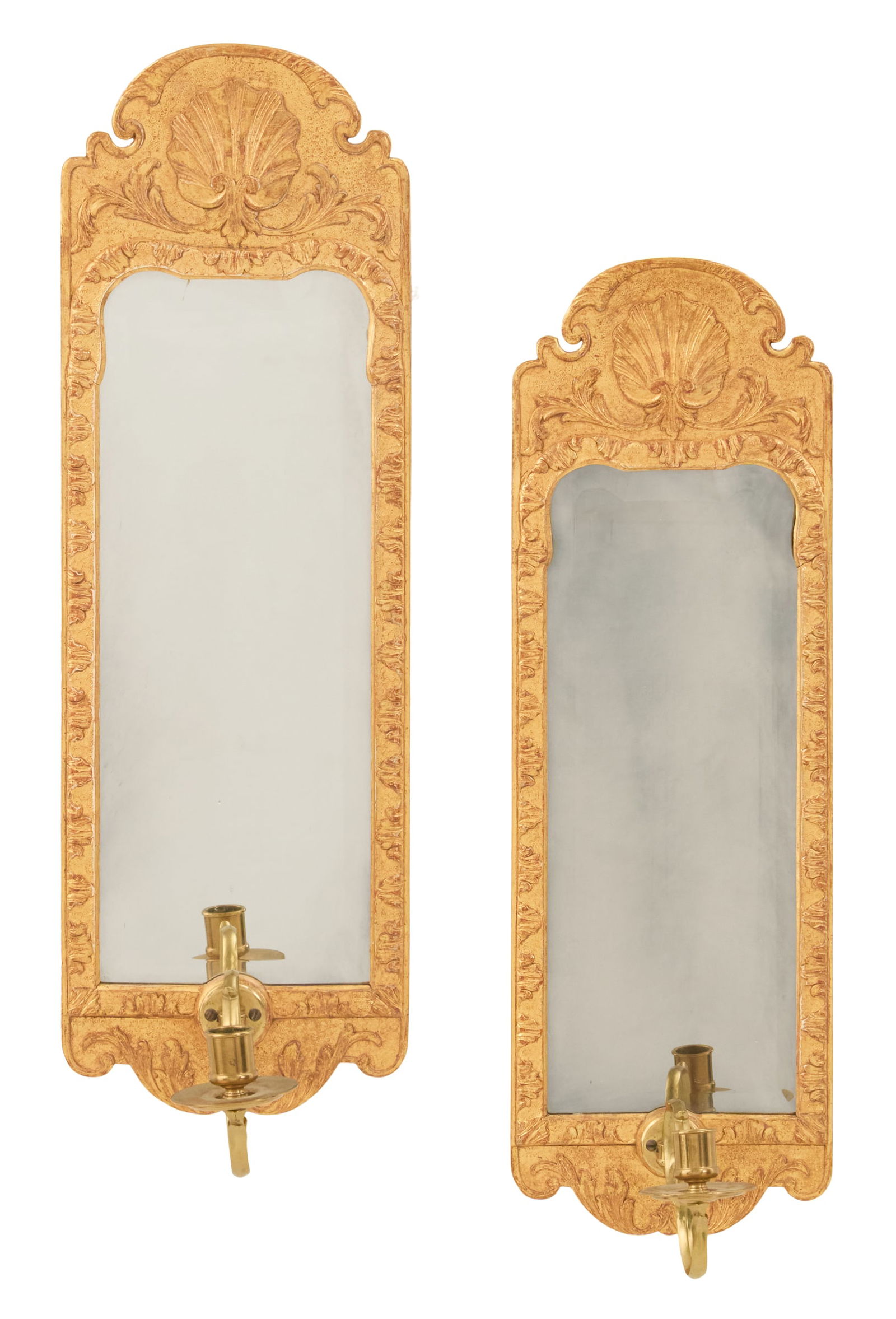 Pair of Giltwood, Brass and Mirrored Sconces: Pair of Giltwood, Brass and Mirrored Sconcesin the George II taste, the giltwood backplates carved with shells and trimmed with acanthus leaves, set with conforming beveled mirror plates, with brass s