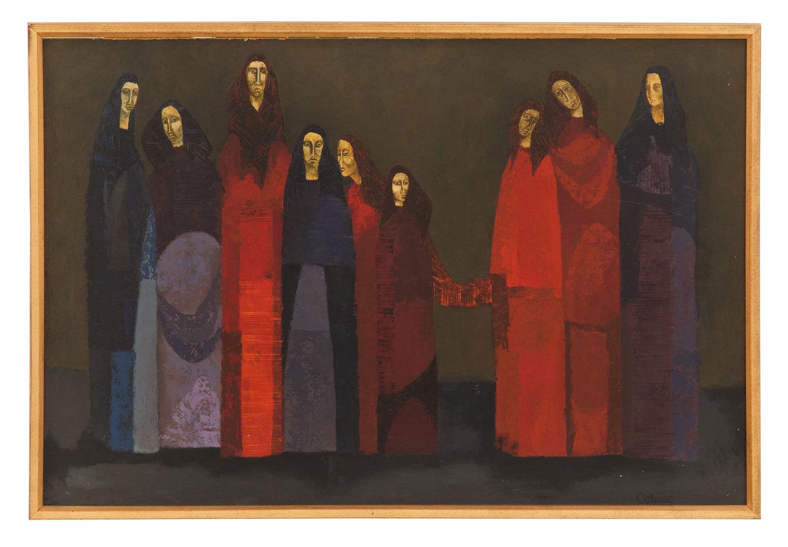 Pat Colville (American, b. 1931): Pat Colville(American, b. 1931)"Nine Figures in Red and Blue"oil on canvas boardsigned lower right.Framed.24" x 36", framed 25" x 37" Provenance: Estate of Marie Bel Fay Evnochides, Houston, Texa