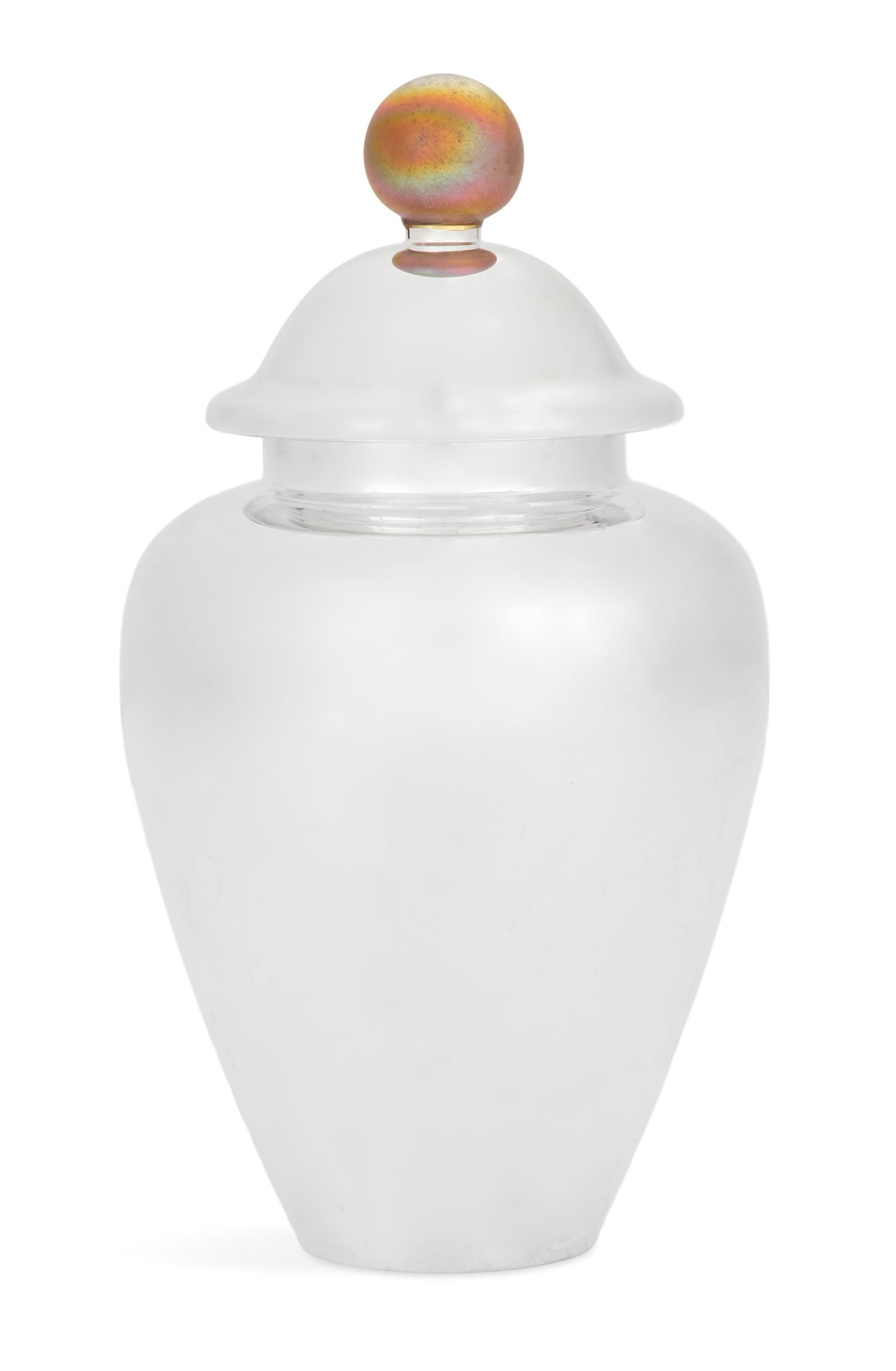 Tiffany & Co. Sterling Urn with Favrile Finial: Tiffany & Co. Sterling Silver Urn with Favrile Glass Finialcontemporary, of traditional form, the domed lid with spherical Favrile glass finial.h. 9-1/4", dia. 5"; 22.10 t. oz. (including finial)