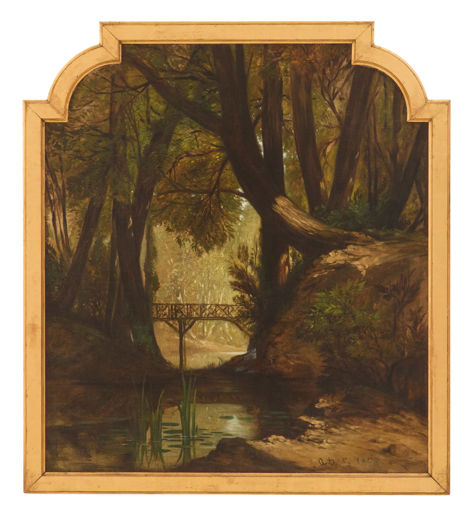 American School (19th Century): American School19th Century"The Bridge", 1858oil on canvasinitialed "A. D.", dated and localized "New York" lower right.Framed.38-1/2" x 35", framed 42" x 37-1/2"