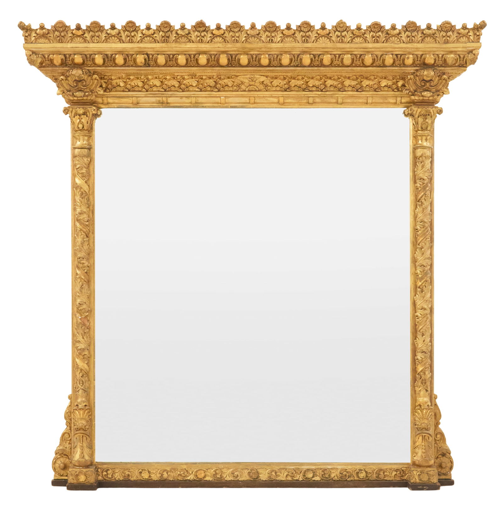 American Giltwood Overmantel Mirror: American Giltwood Overmantel Mirrorlate 19th century, in the Renaissance Revival taste, the sunflower and acanthus leaf-decorated top over an egg-and-dart molded edge, supported on each side by Corint