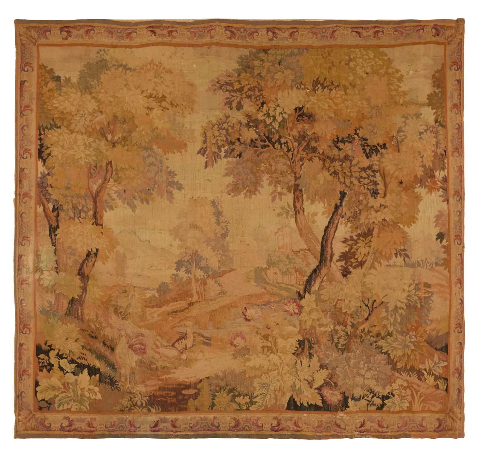 Flemish Verdure Tapestry: Flemish Verdure Tapestry of a Bucolic Park Setting18th century, depicting a wooded pastoral landscape with birds beside a stream and chateau in the distance, the scene framed within a narrow scrolling