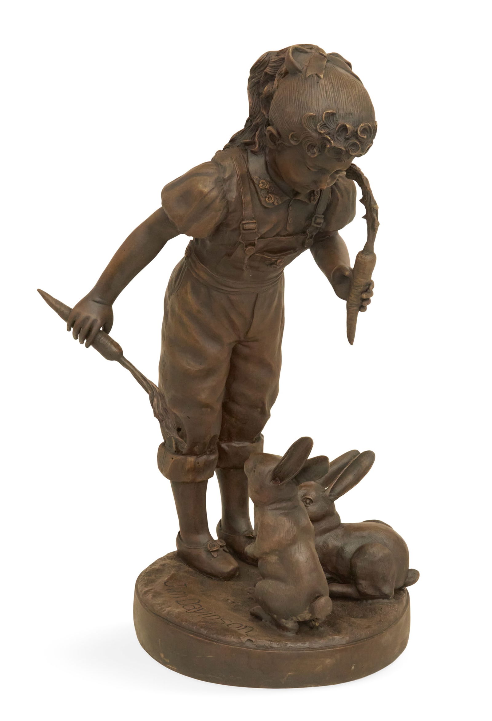 Patinated Bronze of a Young Girl with Rabbits: Patinated Bronze of a Young Girl with Rabbits20th/21st century, cast signature "Jim Davidson" on the base. h. 37-1/2", w. 16", d. 24"h. 37-1/2", w. 16", d. 24"