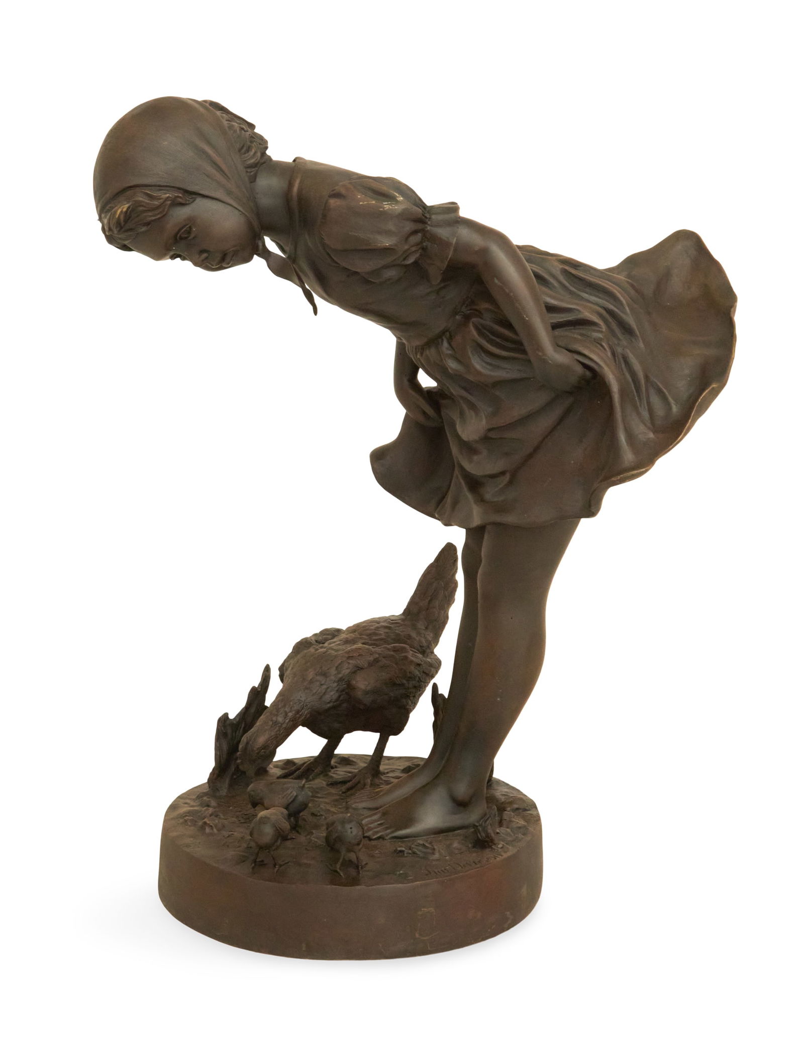 Patinated Bronze Figure of a Girl with a Chicken: Patinated Bronze Figure of a Girl with a Chicken20th/21st century, cast signature "Jim Davison" on the base.h. 37-1/2", w. 17", d. 22-1/2"