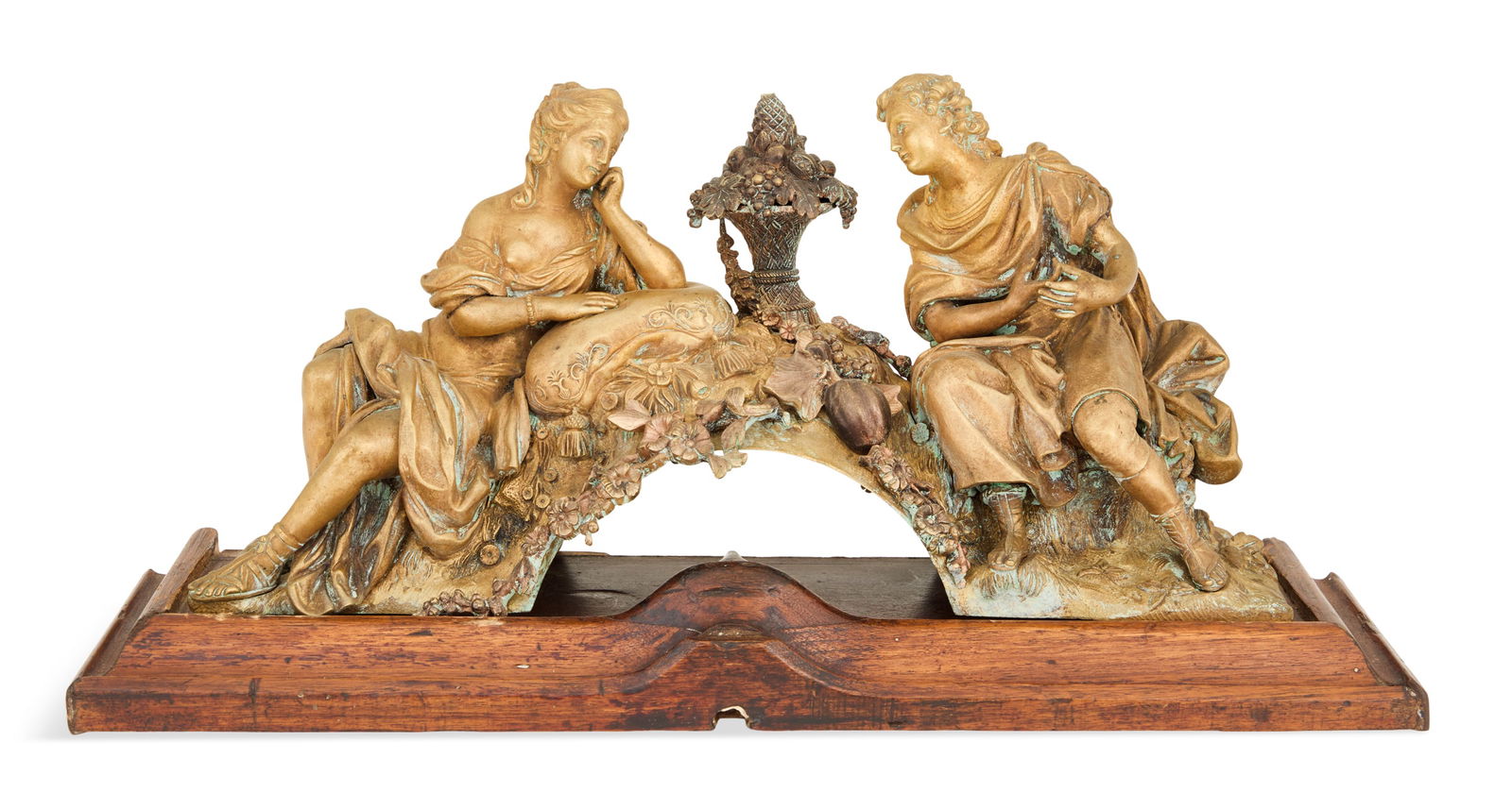 French Bronze Neoclassical Figural Group: French Bronze Neoclassical Figural Group19th century, of a couple in neoclassical garb, reclining on pillows, now on a custom wooden base.h. 9-1/2", w. 19-1/2", d. 6-1/4" Provenance: The Estate of Dan