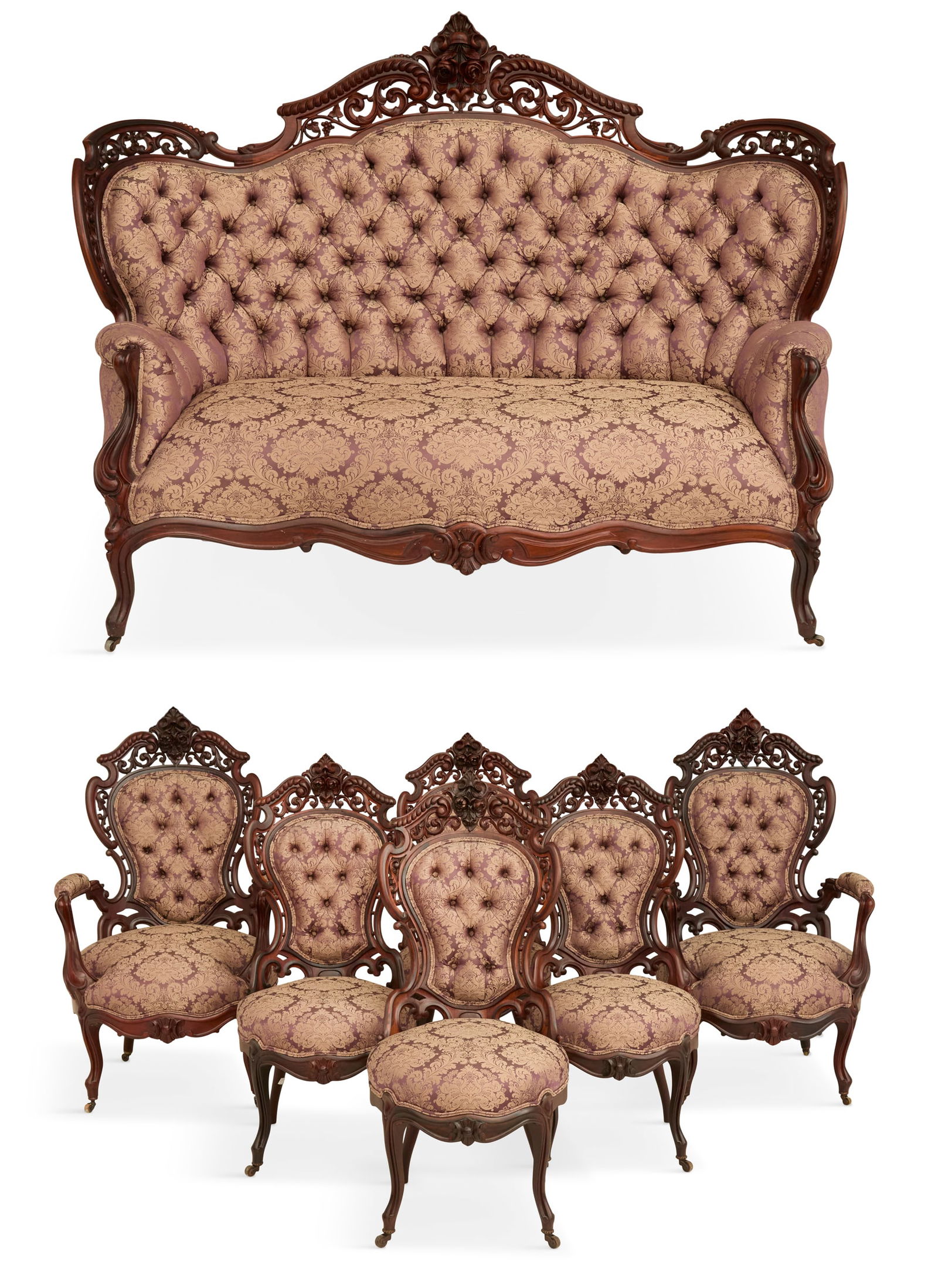 Seven-Piece Rococo Revival Rosewood Parlor Suite: Seven-Piece Rococo Revival Laminated Rosewood Parlor Suitethird quarter 19th century, attributed to J. & J.W. Meeks, New York, in the pattern referred to as "Stanton Hall", the suite comprised of a se