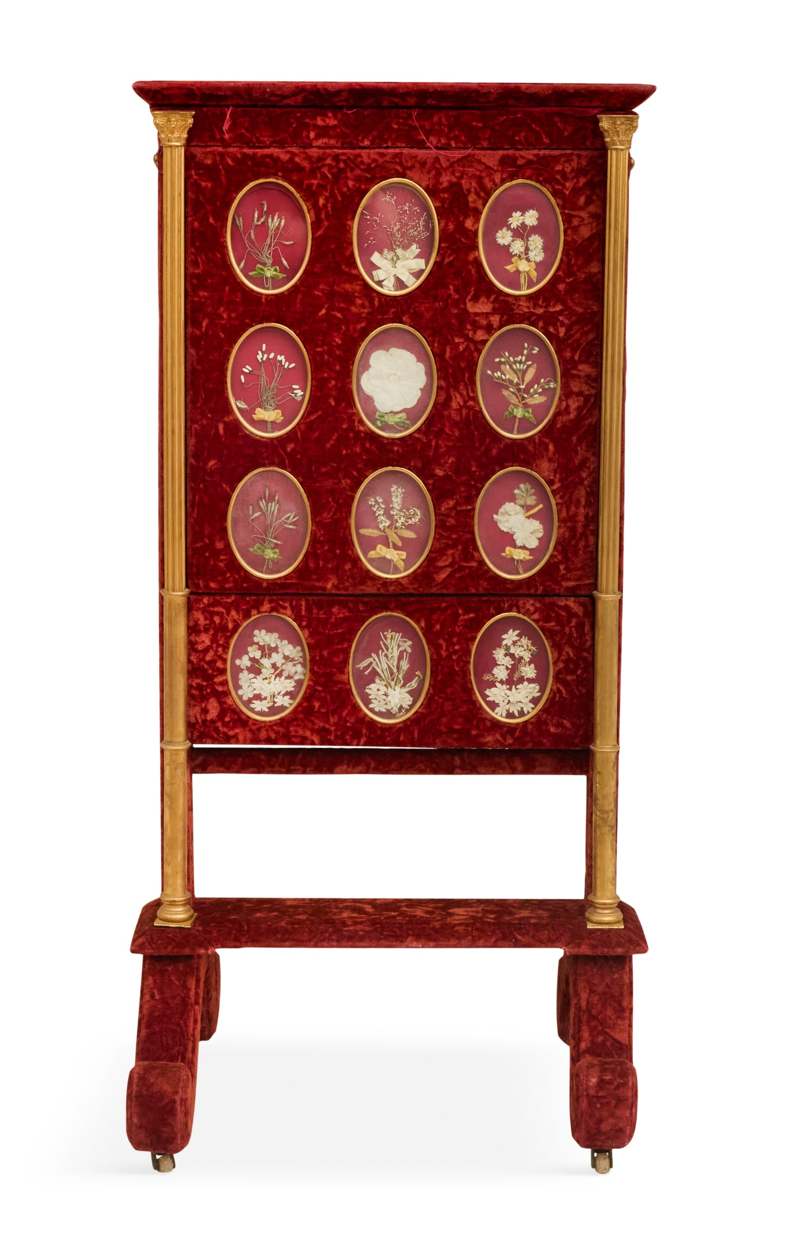 Walter Thornhill, London Billet-Doux Secretary: Walter Thornhill, London Billet-Doux Secretary 19th century, the case covered in red velvet, the drop lid fitted with oval shadow boxes of botanical specimens, opening to an interior with numerous