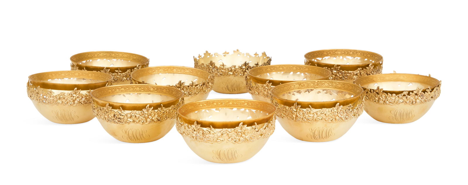 Ten American Sterling Silver-Gilt Dessert Bowls: Ten American Sterling Silver-Gilt Dessert Bowls first quarter 20th century, Mauser Mfg. Co., New York, New York, each hemispherical bowl with applied openwork floral banding, monogrammed on the
