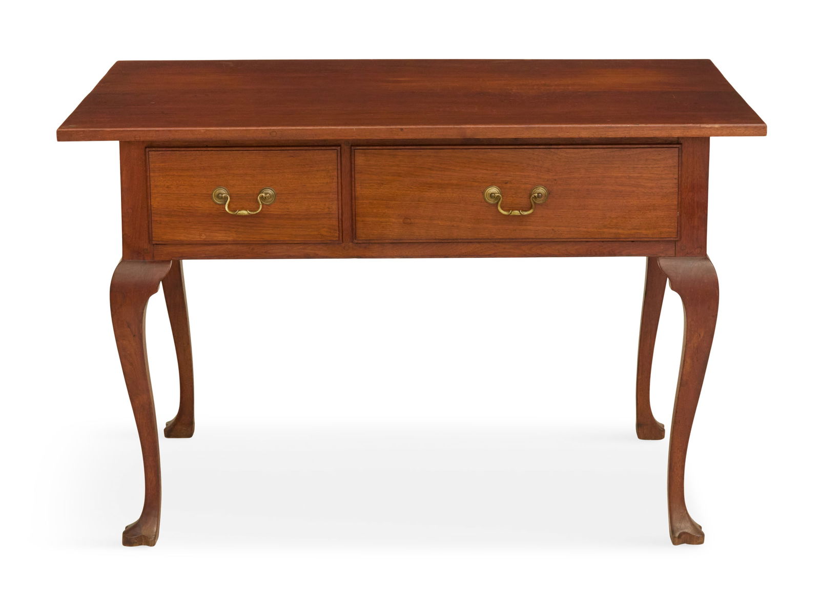 Early American Walnut Tavern Table: Early American Walnut Tavern Tablemid-18th century, Pennsylvania, the plank top over two side-by-side drawers, raised on Queen Anne legs ending in Spanish feet.h. 29", w. 45-1/4", d. 30-1/2"