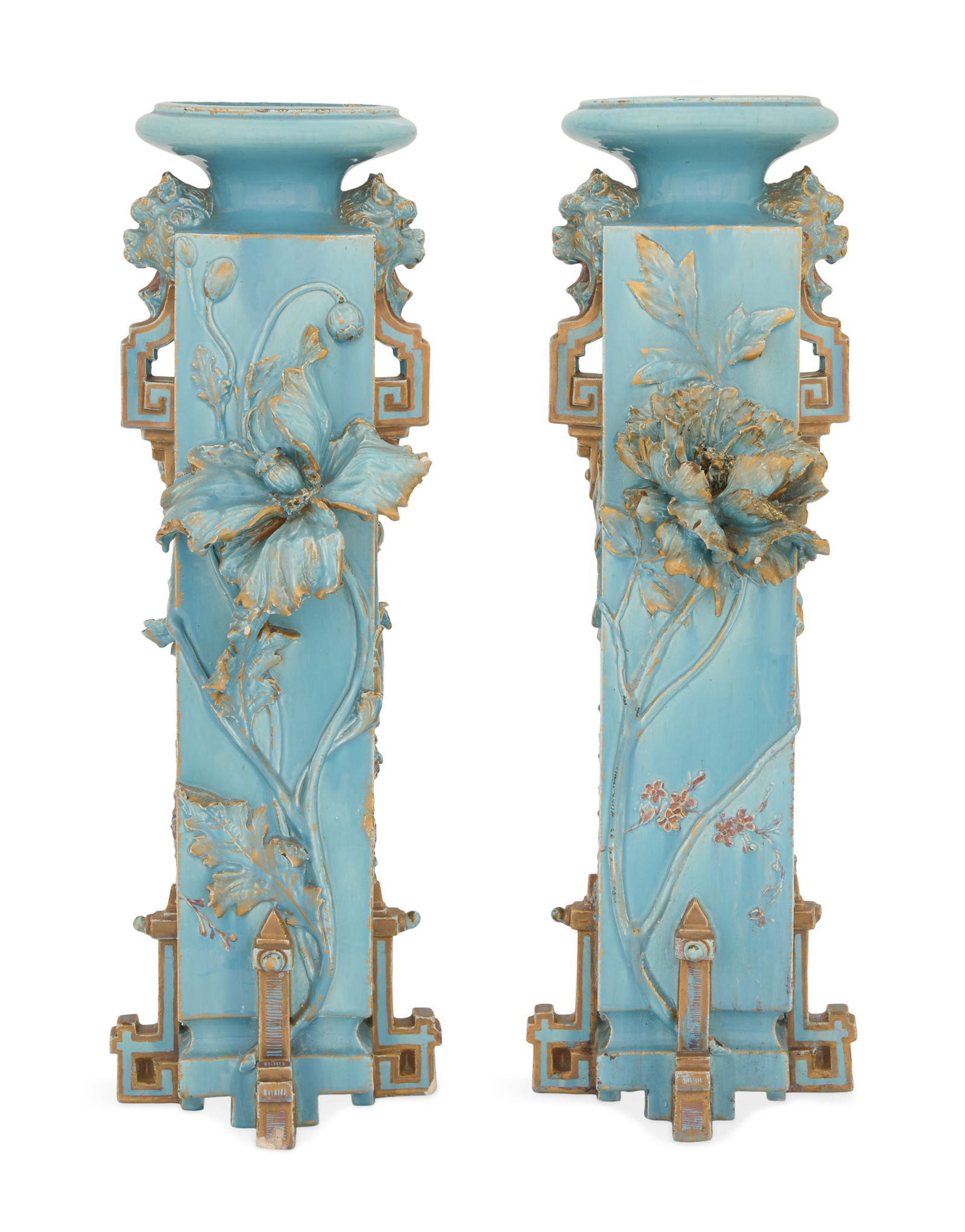 Pair of French Barbotine Vases: Pair of French Barbotine Vasesca. 1900, the rectangular vases set with circular mounts, with pierced side handles set with foo dog heads, the facades decorated with delicately molded flowers, the side