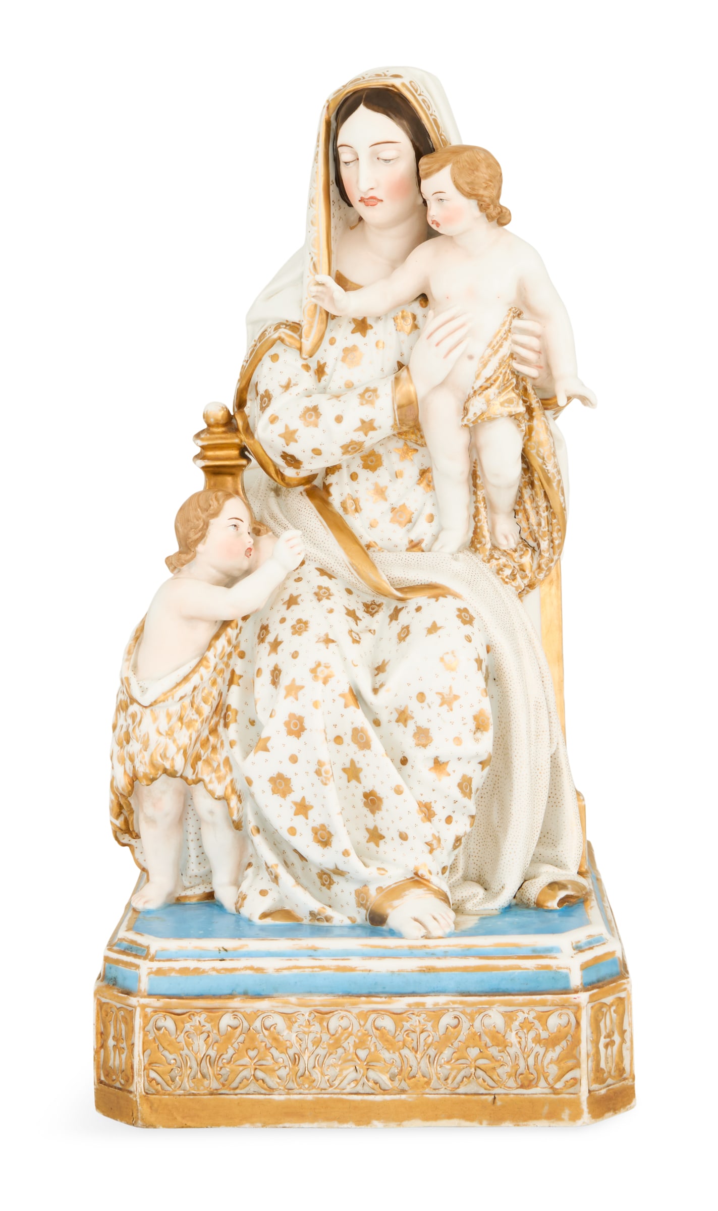 Impressive Paris Porcelain Madonna and Child: Impressive Paris Porcelain Madonna and Child mid-19th century, the seated Mary supporting the Christ Child who is standing on one leg on her lap, a putto dressed in a lion skin cloak by her side, on