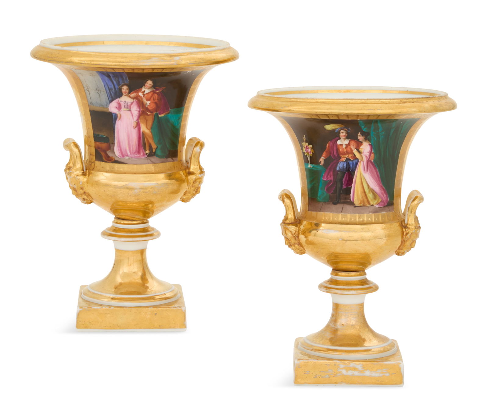 Pair of French Paris Porcelain Urns: Pair of French Paris Porcelain Urns ca. 1820-1840, the campana-form urns decorated on the obverse with polychrome panels of court figures in Renaissance dress and on the reverse with tooled panels of