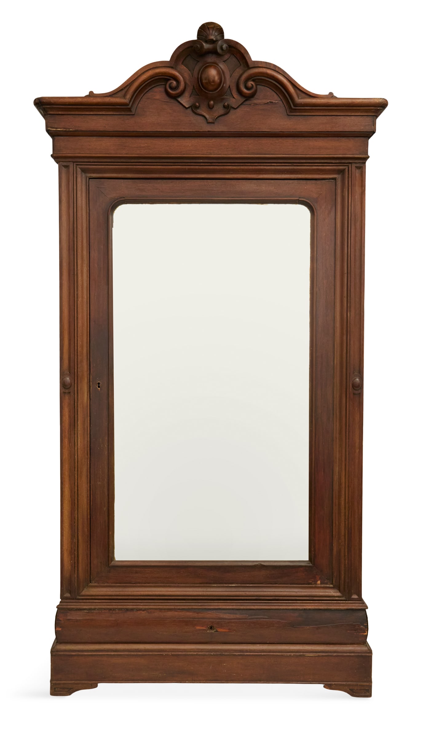 American Late Classical Rosewood Armoire: Transitional American Late Classical Rosewood Armoiremid-19th century, attributed to the warerooms of Prudent Mallard, New Orleans, the top with an integral carved cornice over a single mirrored door,