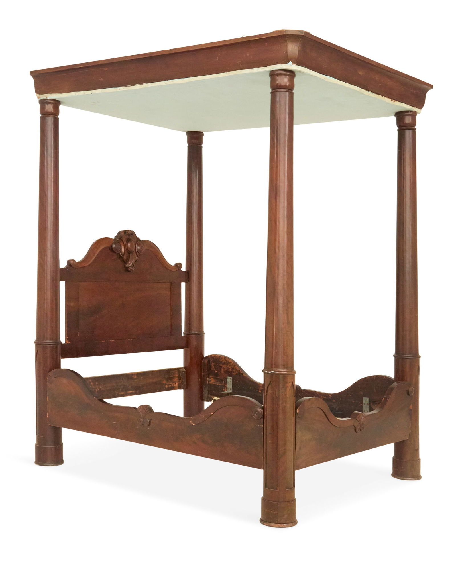 American Late Classical Mahogany Canopy Bed: American Late Classical Mahogany Canopy Bedmid-19th century, attributed to C. Lee, Manchester, Massachusetts, the ogee-framed canopy supported by large turned posts, with a paneled headboard and a cen