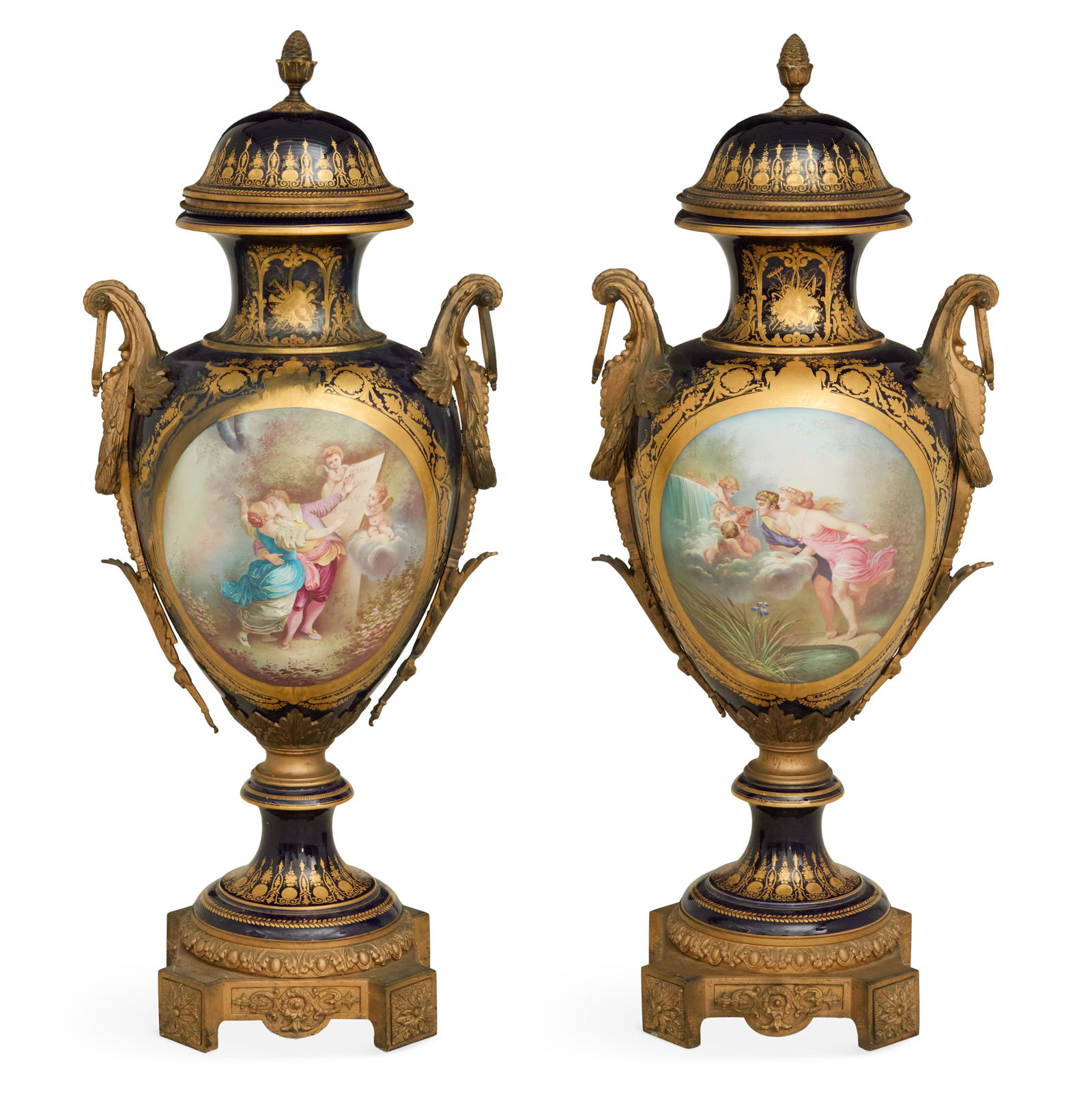 Pair of Large French Bronze Urns: Pair of Large French Bronze Urns in the Sevres Tastelate 19th century, the urns richly decorated with tooled gilt and panels after Jean-Honore Fragonard, the "Oath of Love" on one and the "Fountain of