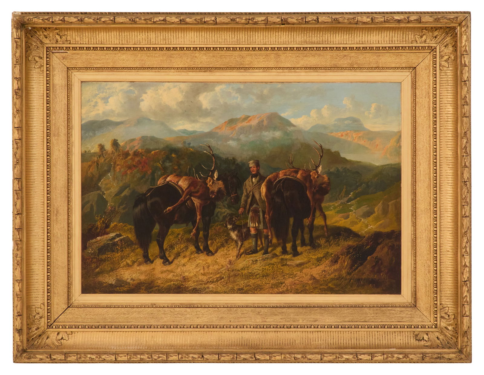 Byron Webb (British, fl. 1846-1866): Byron Webb(British, fl. 1846-1866)"Scottish Highlands Hunter"oil on canvassigned lower left.Framed.24" x 36", framed 39" x 50-1/2"